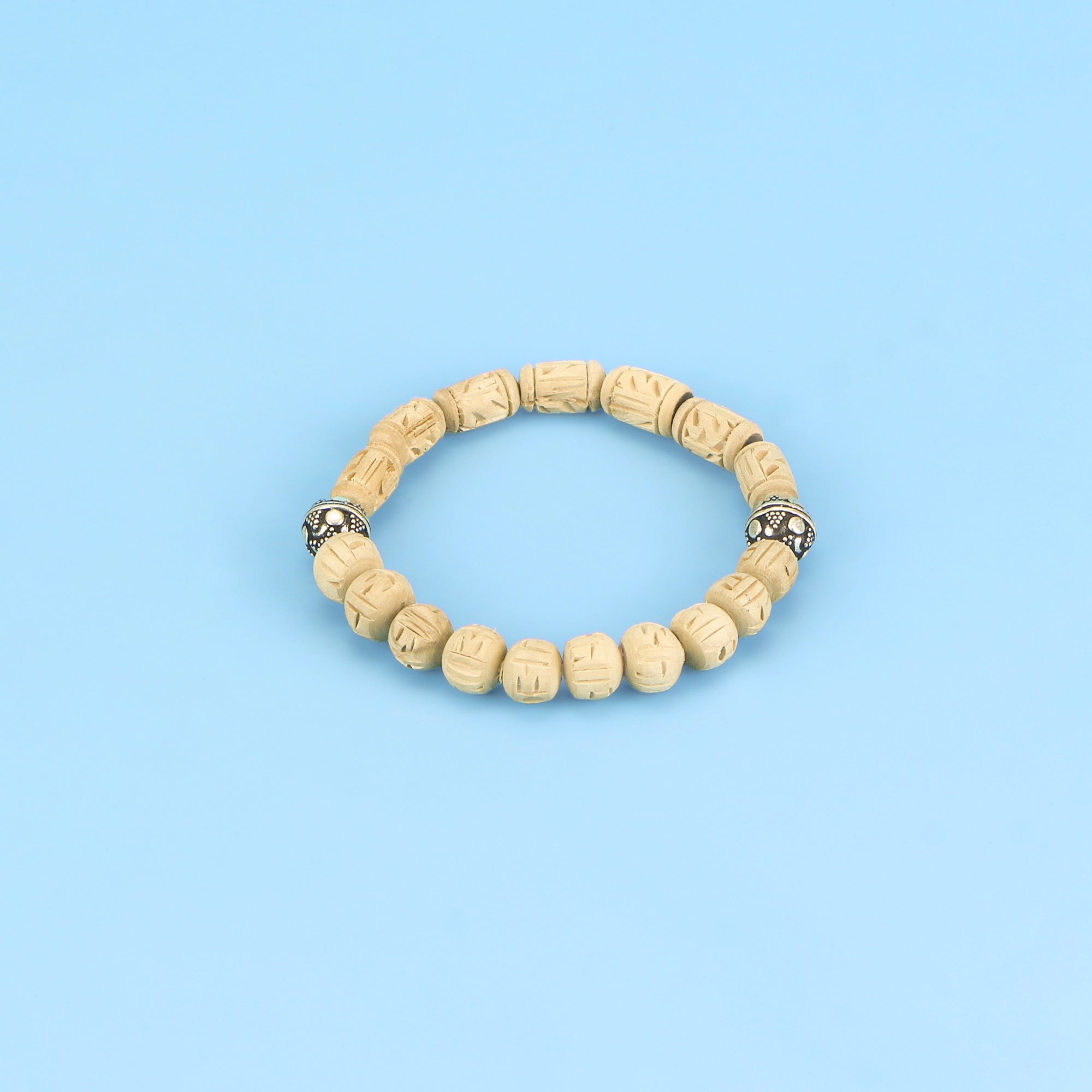 Pure Silver Tulsi Bracelet – Hand-Carved Tulsi & Silver Beads