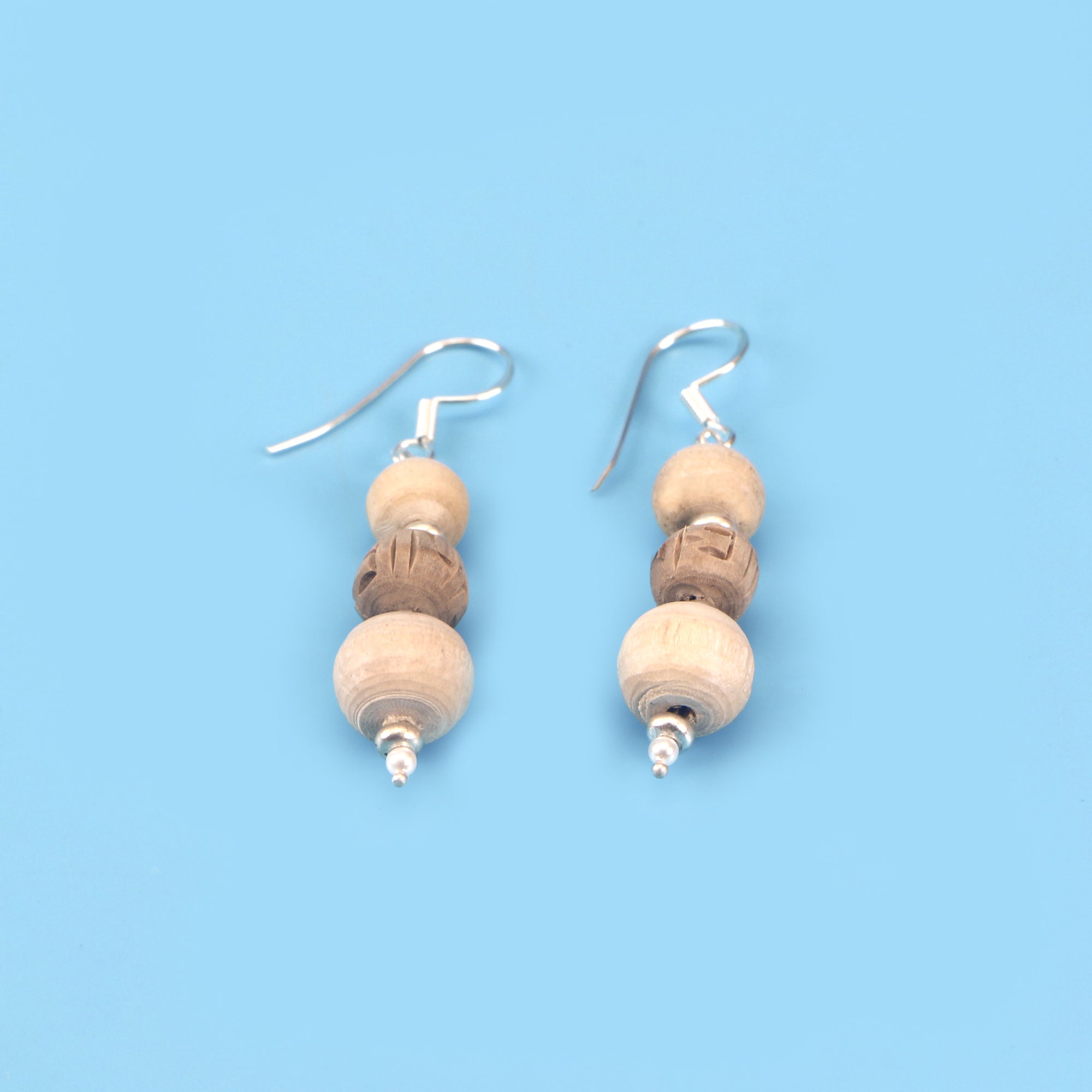 Silver Tulsi Earrings - Round and Carved Tulsi Beads with Silver