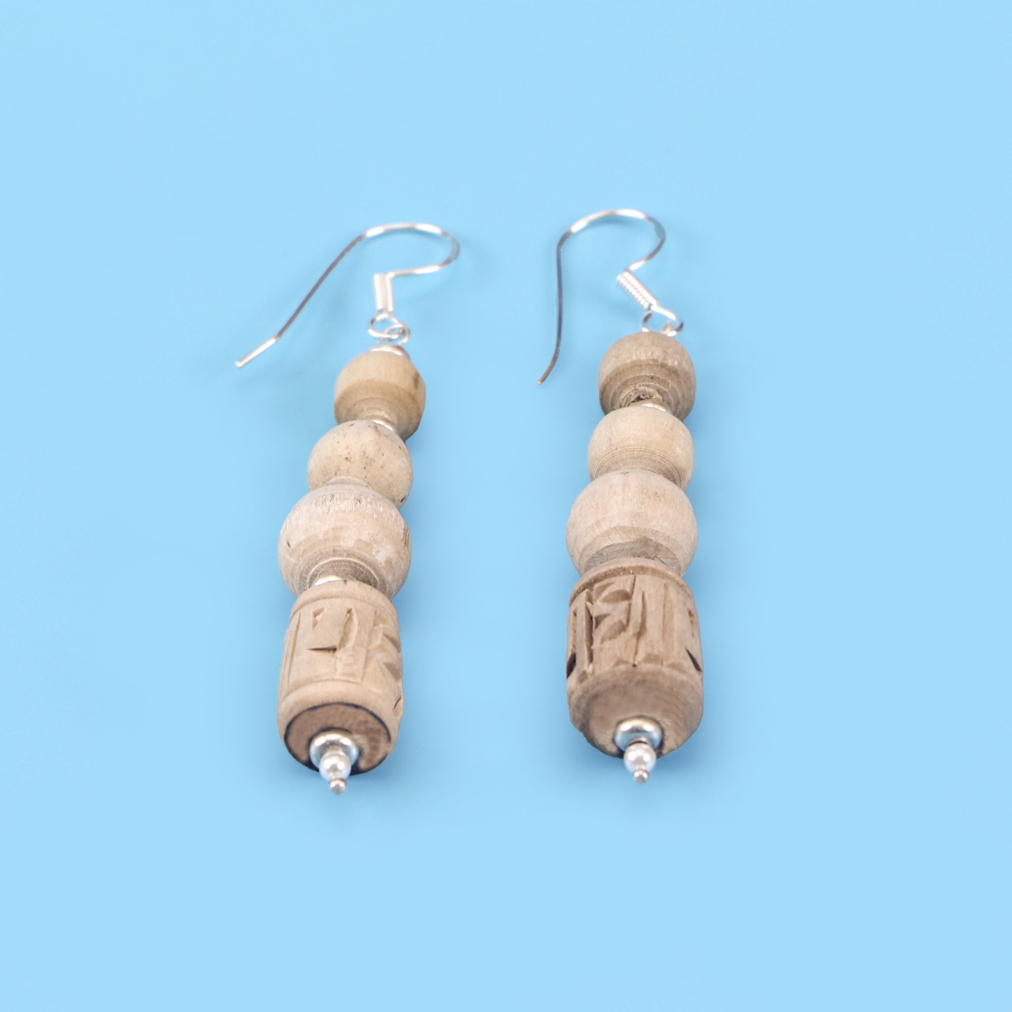 Silver Tulsi Earrings - Cylindrical Carved and Round Tulsi Beads with Silver