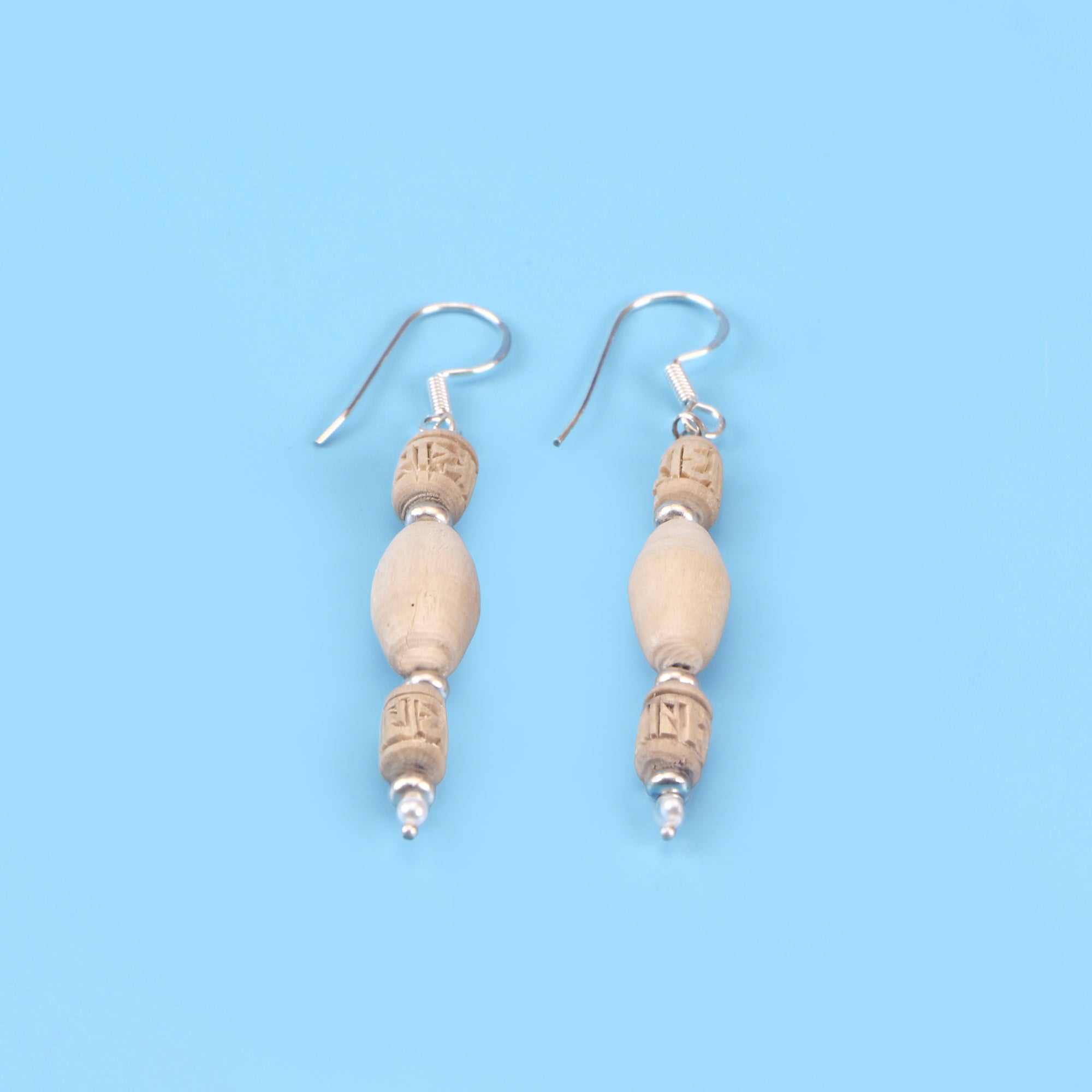 Silver Tulsi Earrings - Cylindrical Carved and Oval Tulsi Beads with Silver