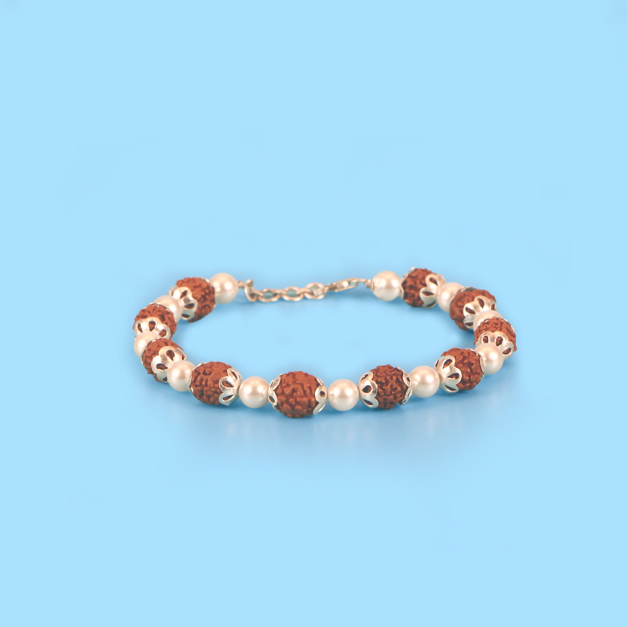 Rudraksha and White Pearl Bracelet –  With Silver Capping