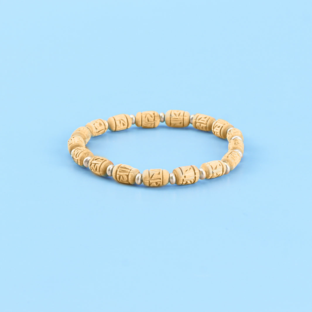 Handcrafted Silver Tulsi Bracelet – Cylindrical Tulsi Beads & 925 Sterling Silver Pearls