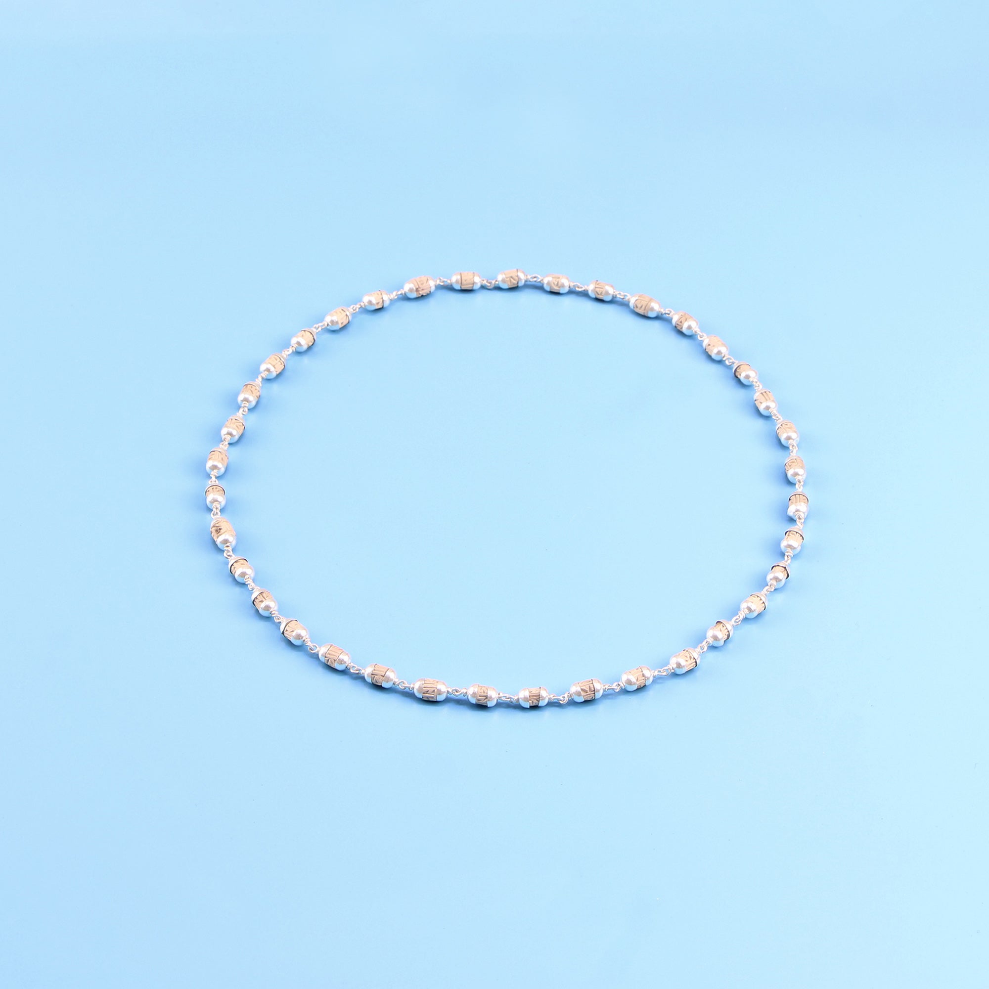 Pure Silver Tulsi Mala - Cylindrical Carved Beads, Kanthi Mala