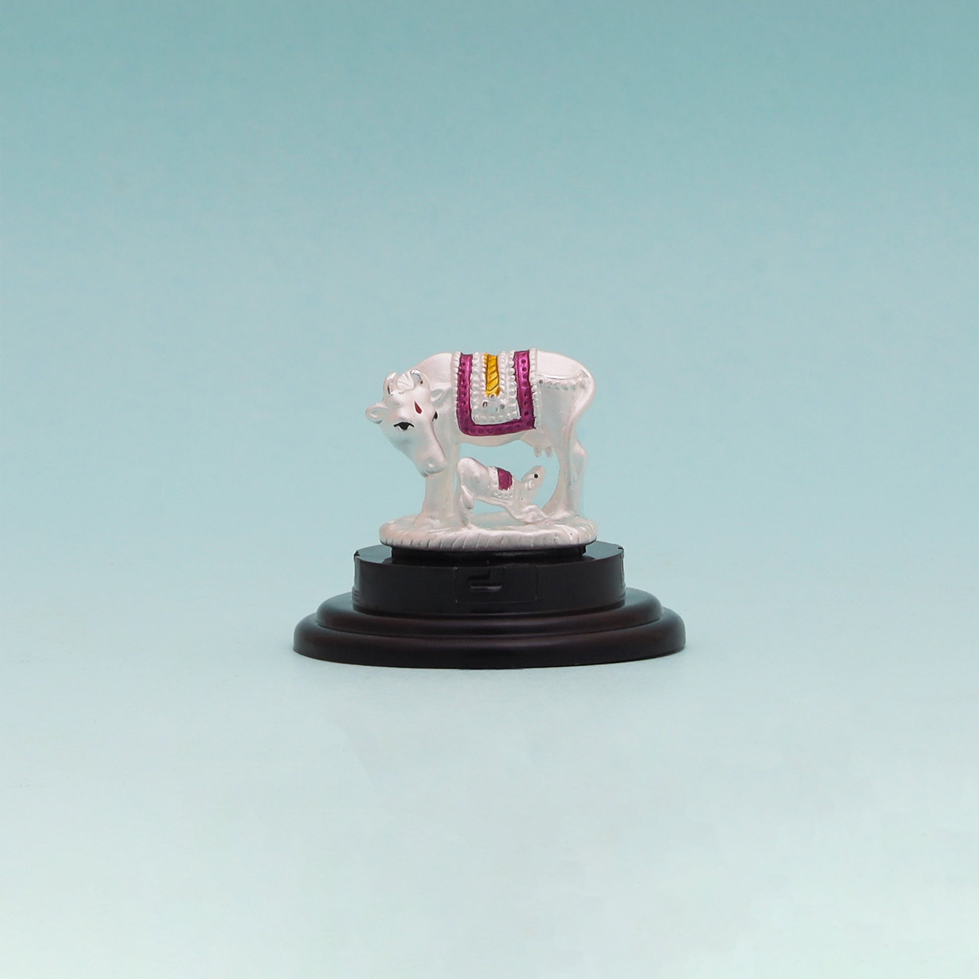 Sterling Silver Kamdhenu Cow with Calf Decor - Pure Silver Murti