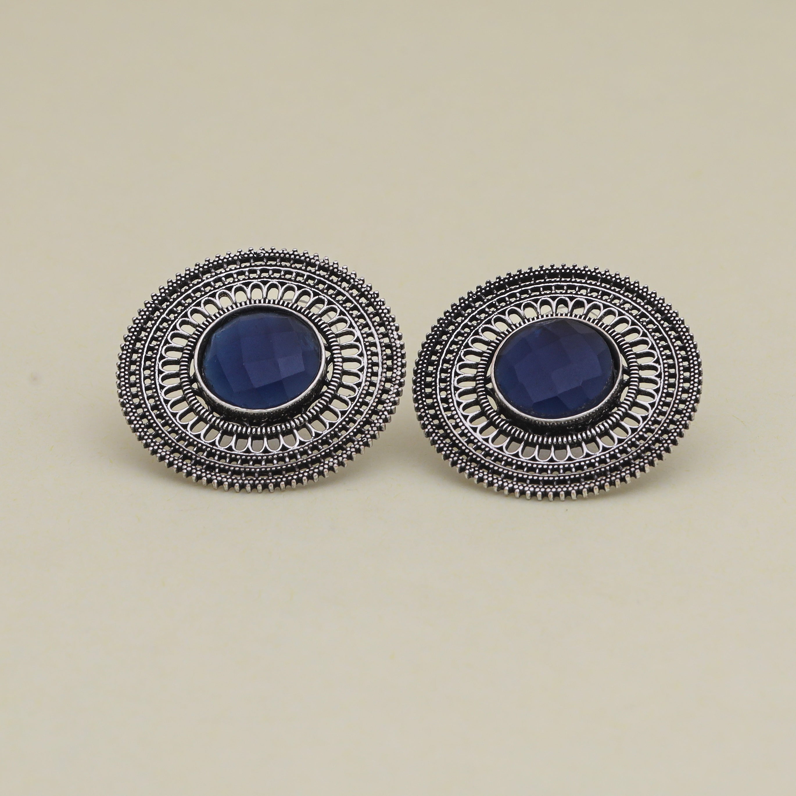 Oxidized Metal Earrings, Blue Stone, Ornate Border