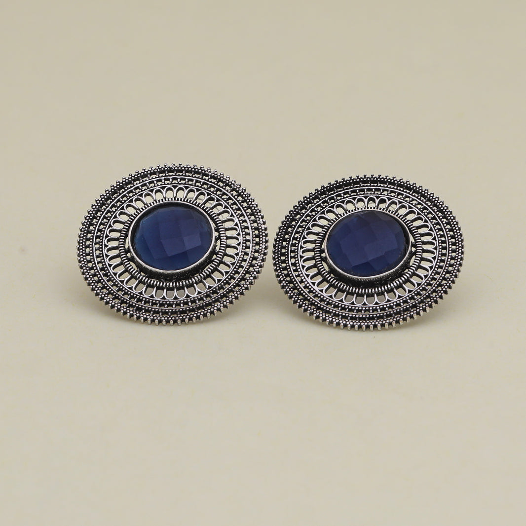 Oxidized Metal Earrings, Blue Stone, Ornate Border