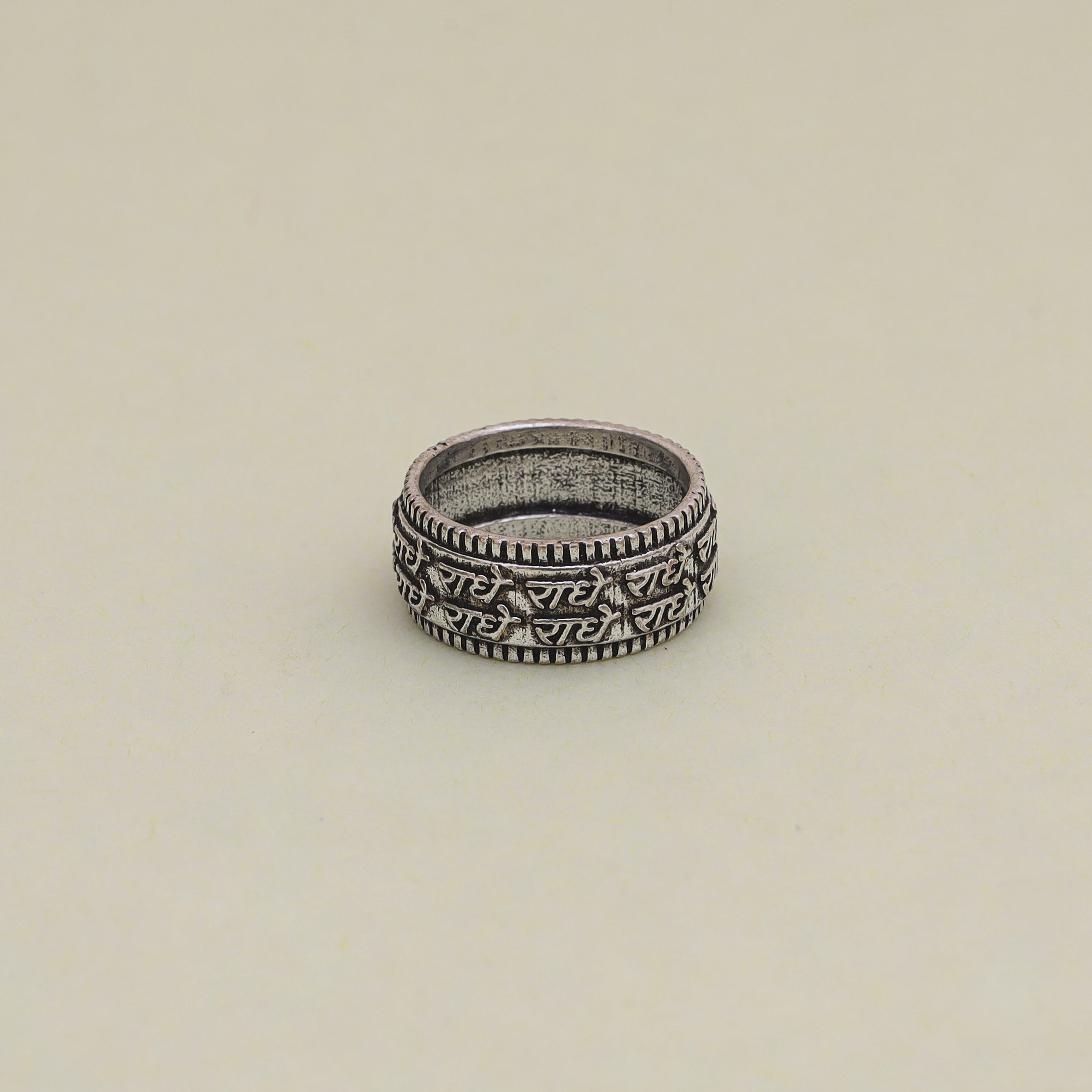 Radhe Mantra Oxidized Metal Ring, Intricate Design