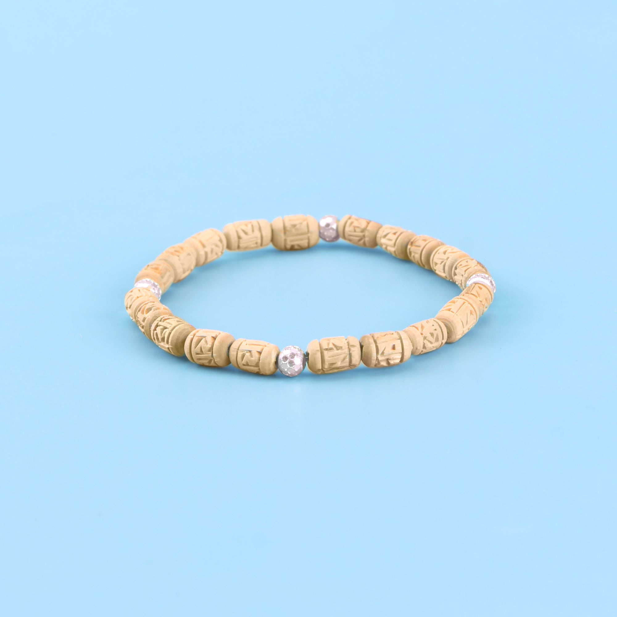 Sterling Silver Tulsi Bracelet - Cylindrical Carved Tulsi & Silver Beads, Mathura