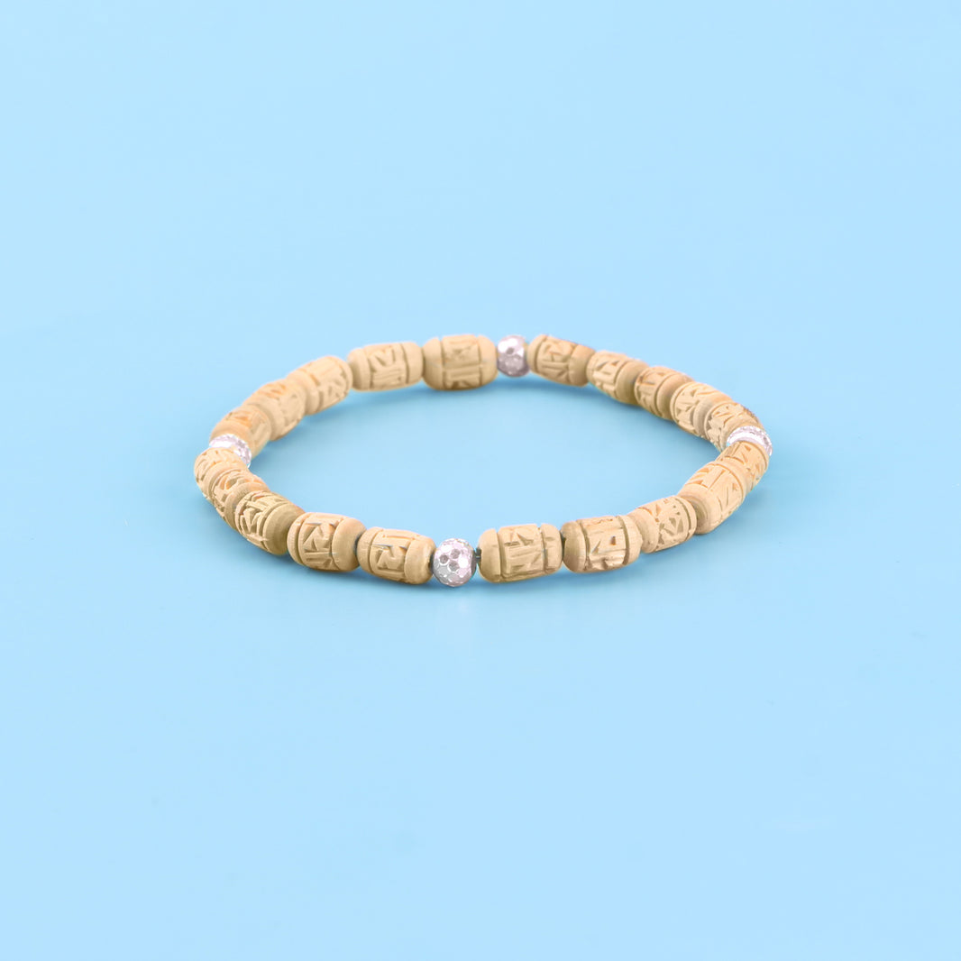 Sterling Silver Tulsi Bracelet - Cylindrical Carved Tulsi & Silver Beads, Mathura