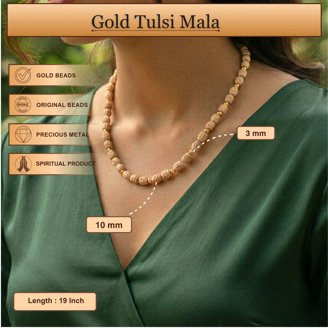 Gold Tulsi Kanthi Mala – Pure Gold Beads with Beautiful Tulsi Carved Beads