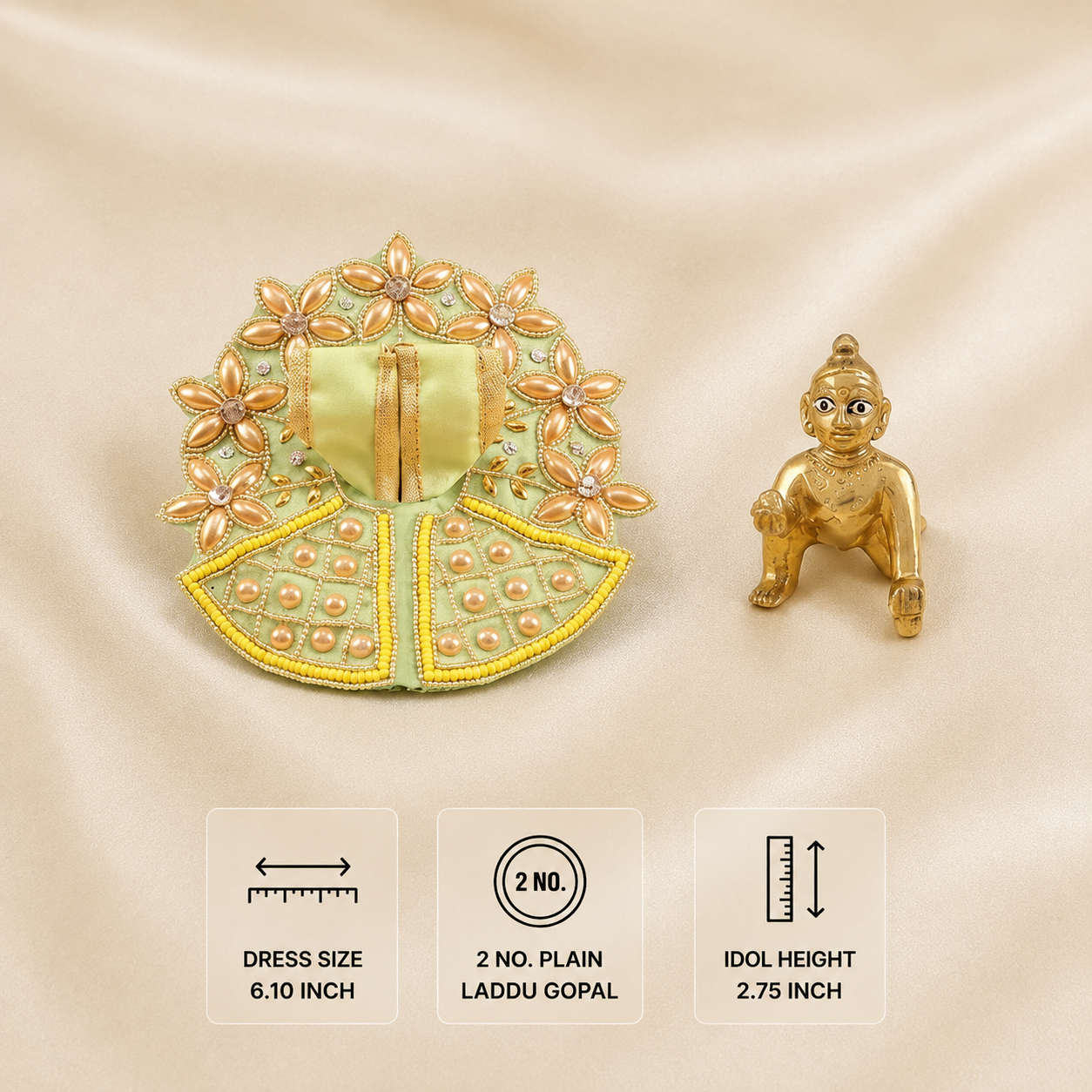 Green pearl work Laddu Gopal dress for 2 No. plain idol, dress size 6.10 inch and idol height 2.75 inch.