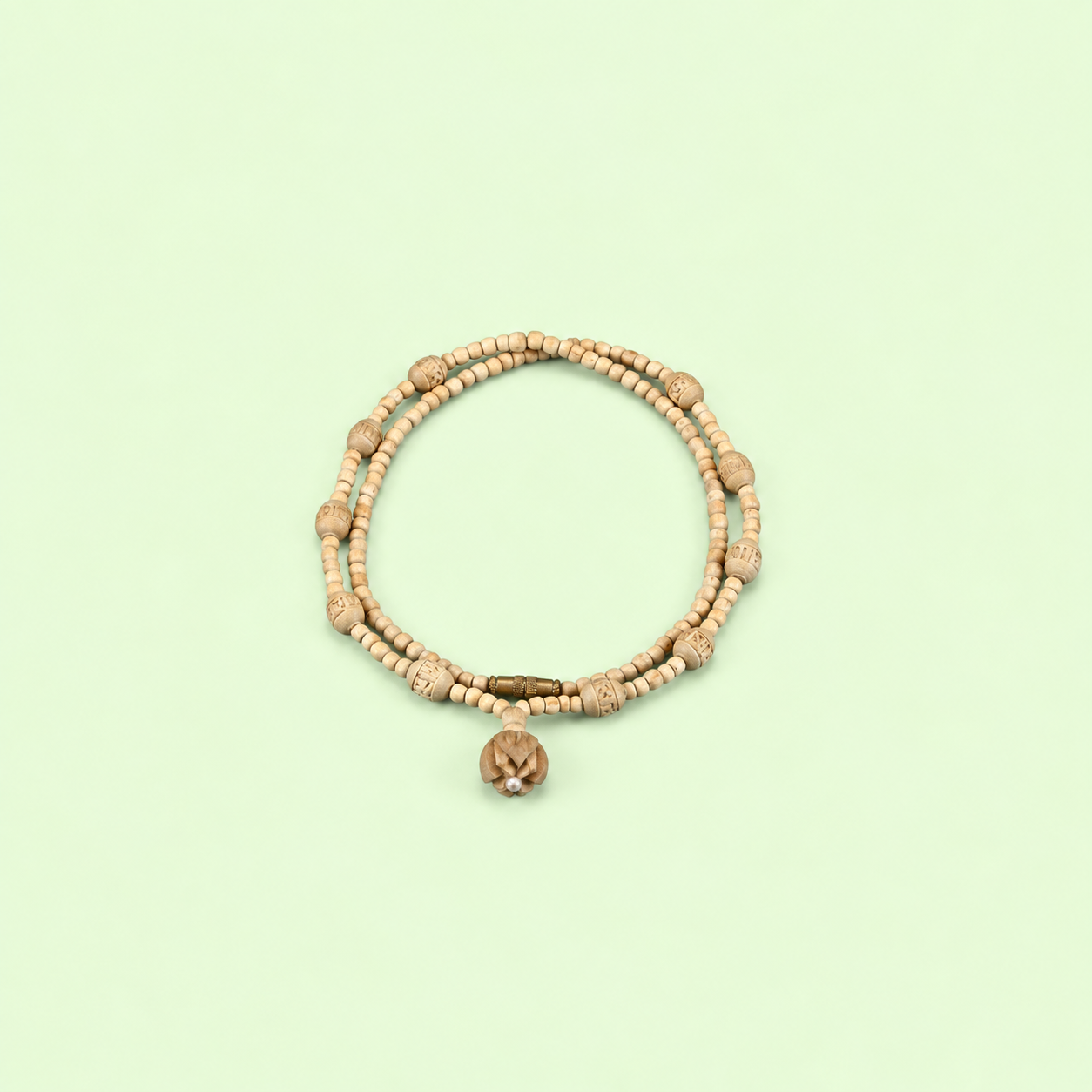 Double-strand wooden bead necklace with natural carved beads and floral pendant 