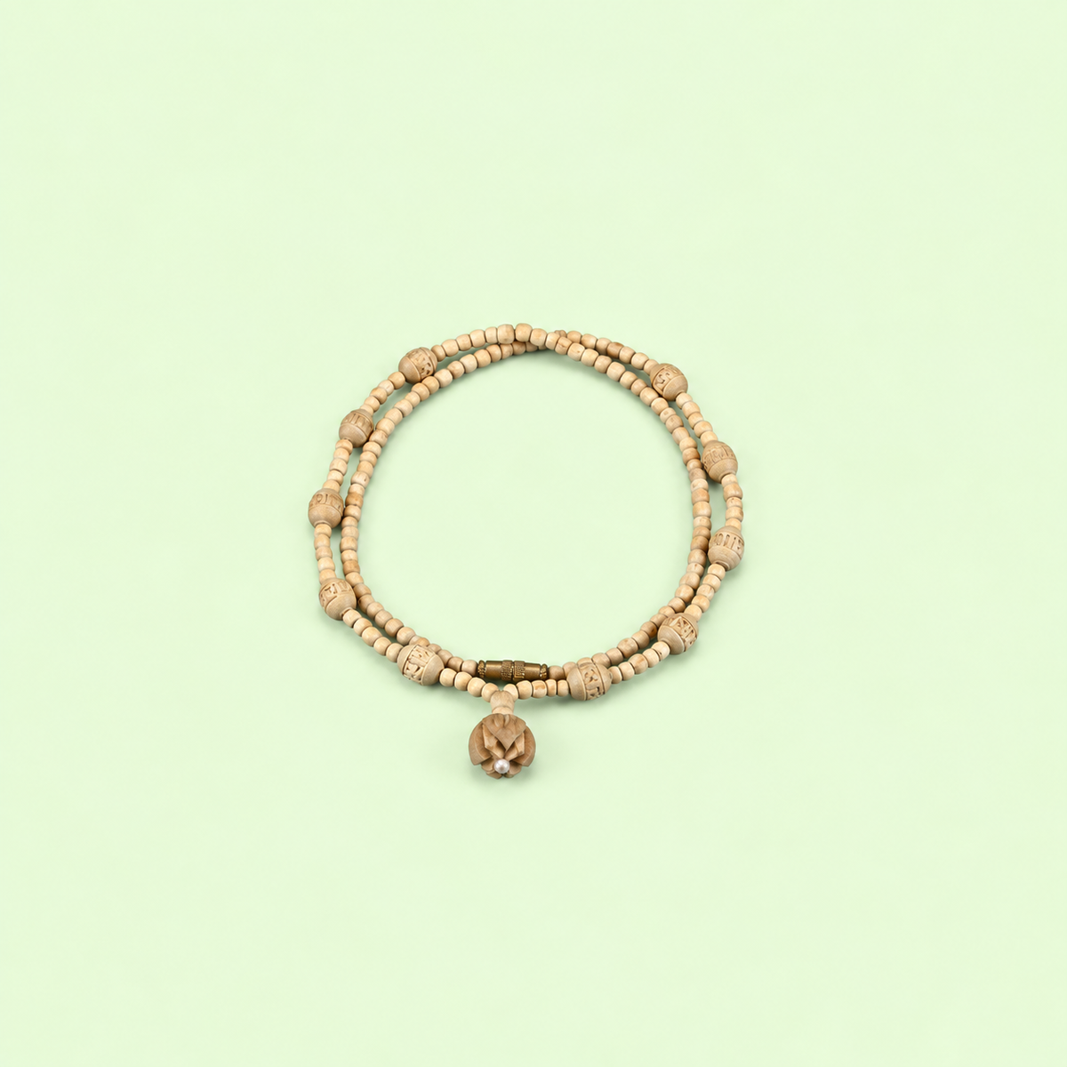 Double-strand wooden bead necklace with natural carved beads and floral pendant 