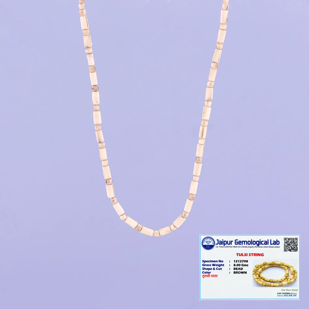 Handcrafted Tulsi bead necklace with natural light bead with a Jaipur Gemological Lab certificate