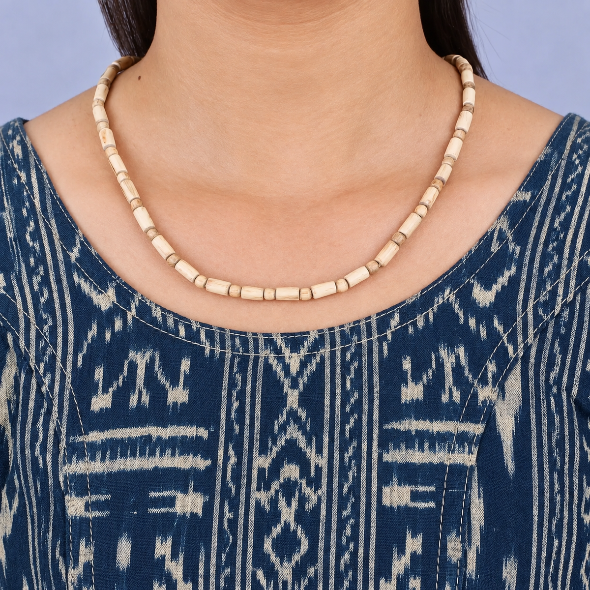 Handcrafted wooden bead choker necklace with natural cream and beige beads