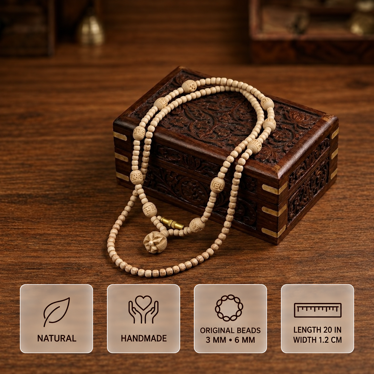 Handcrafted wooden bead mala with natural carved beads and floral pendant