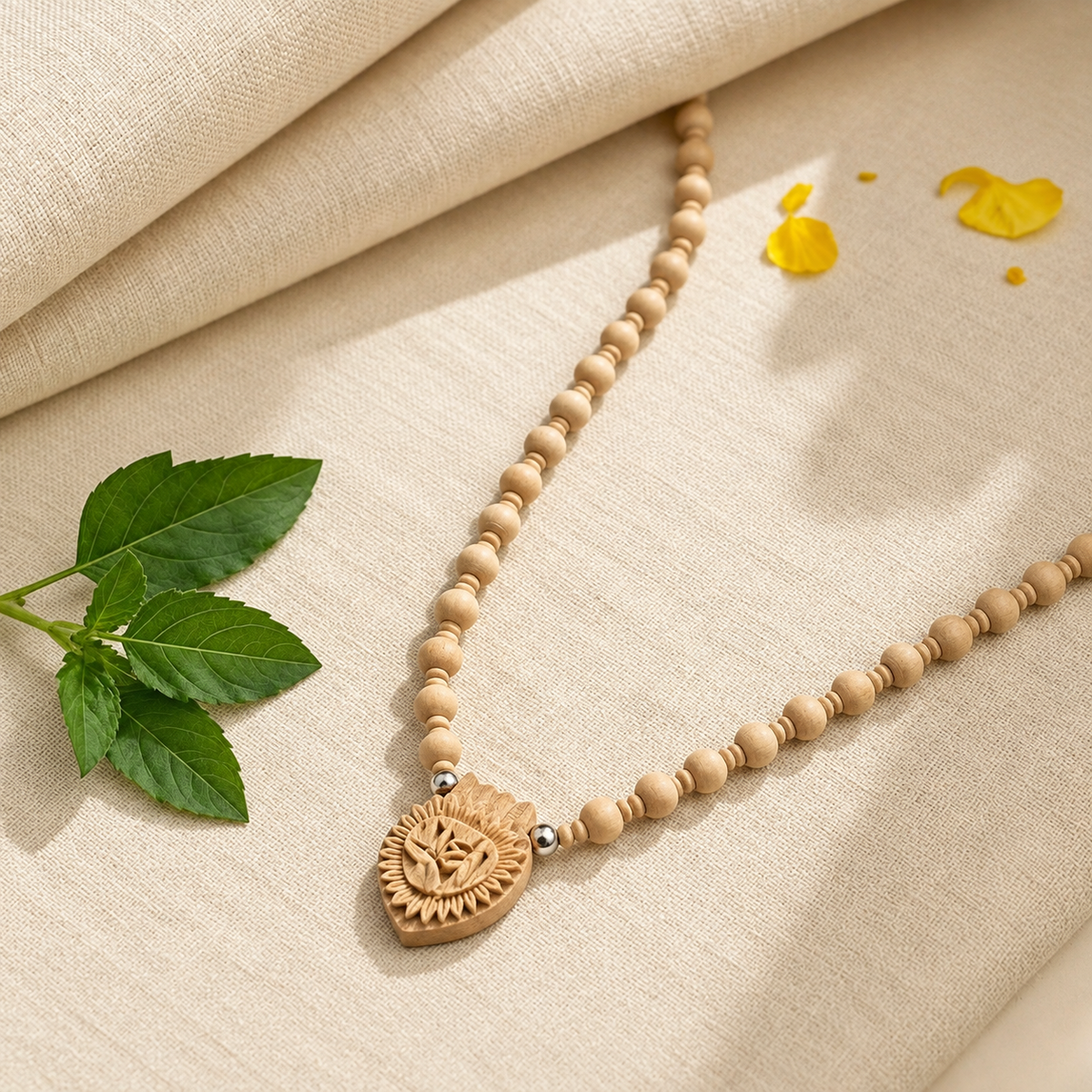 Handcrafted wooden floral pendant necklace with natural beige wooden beads and silver spacer beads 