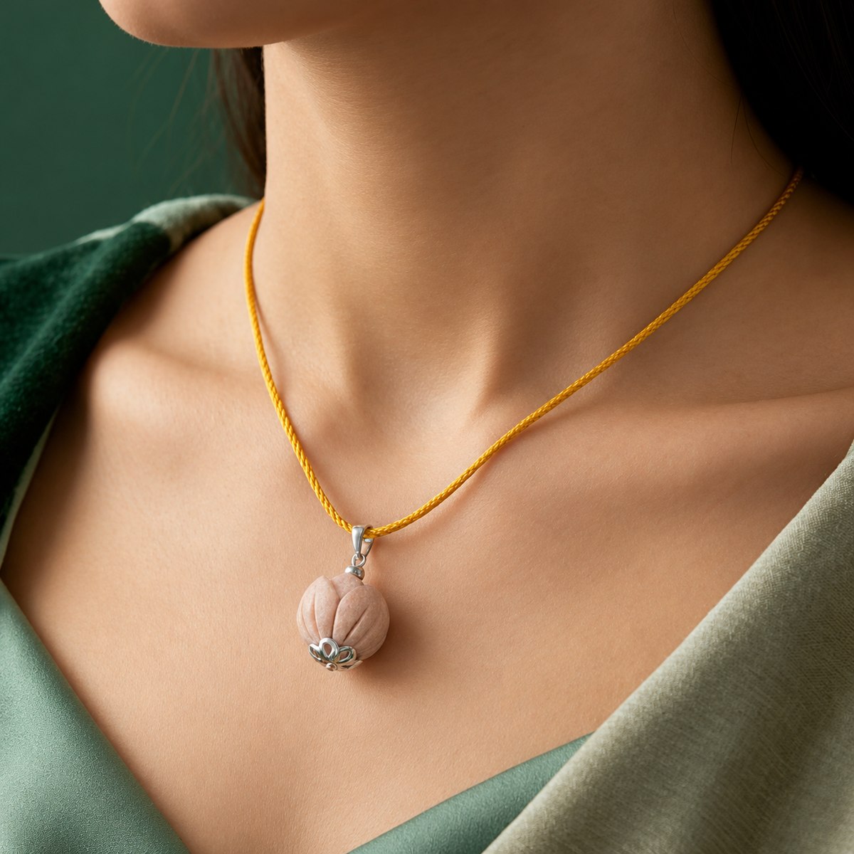 Handcrafted wooden lotus pendant with carved petal details and silver accents