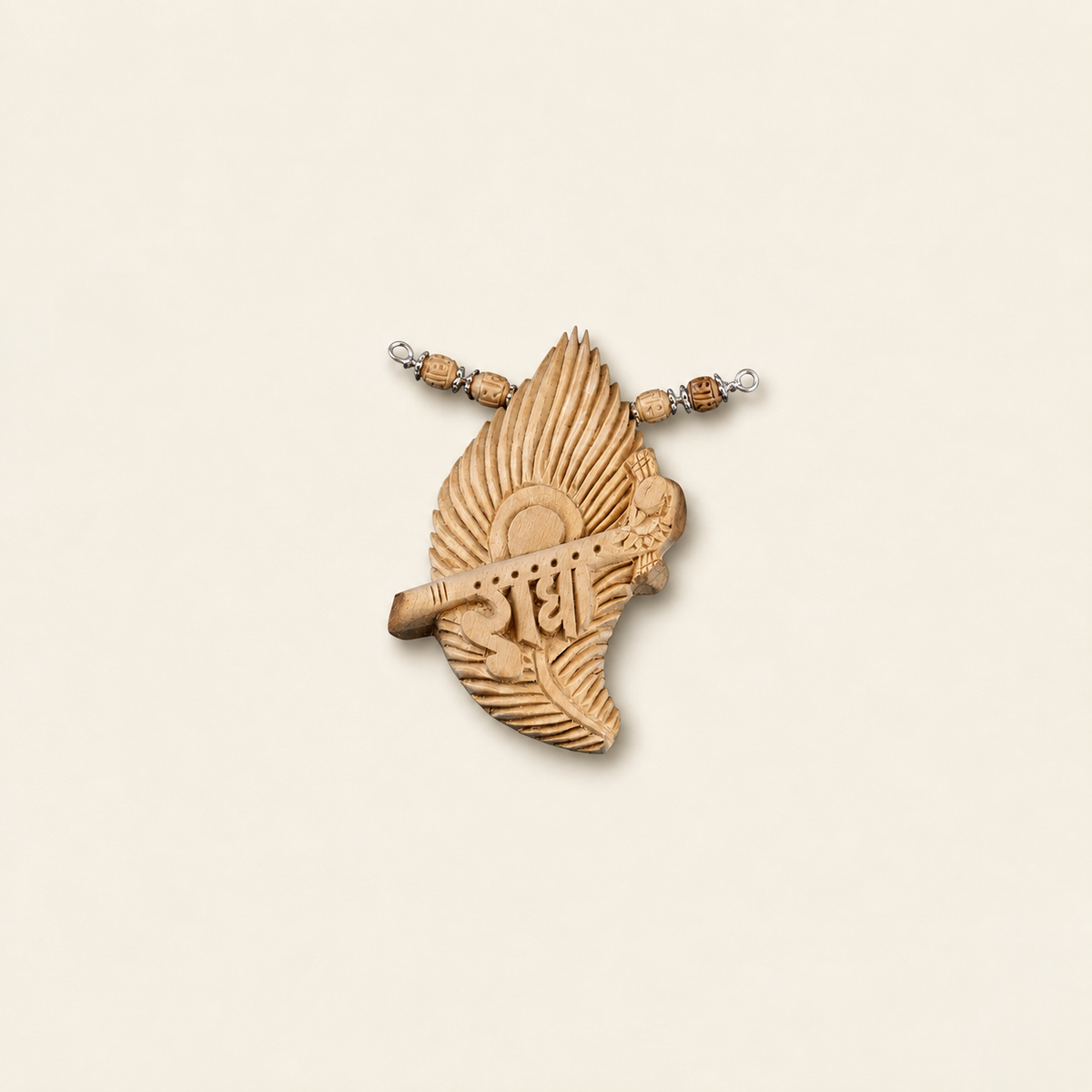 Handcrafted wooden Radha Krishna flute pendant with carved peacock feather design, wooden beads and silver spacers