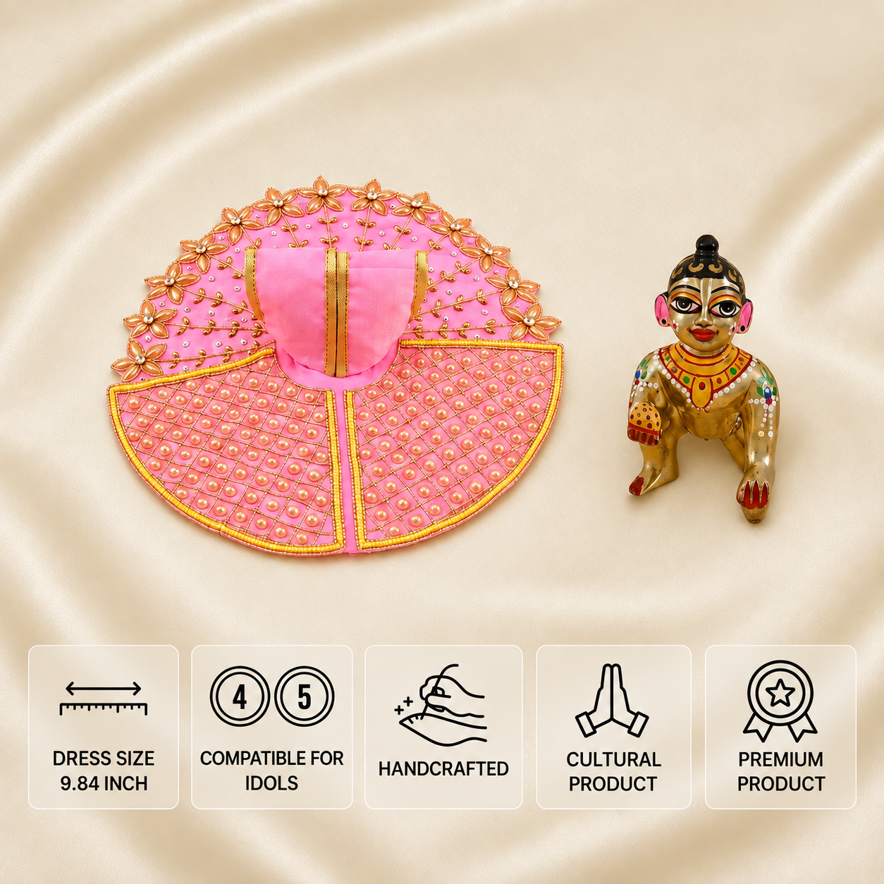 Pink Laddu Gopal dress for 4 and 5 number idols with golden floral embroidery, pearl work and painted idol.