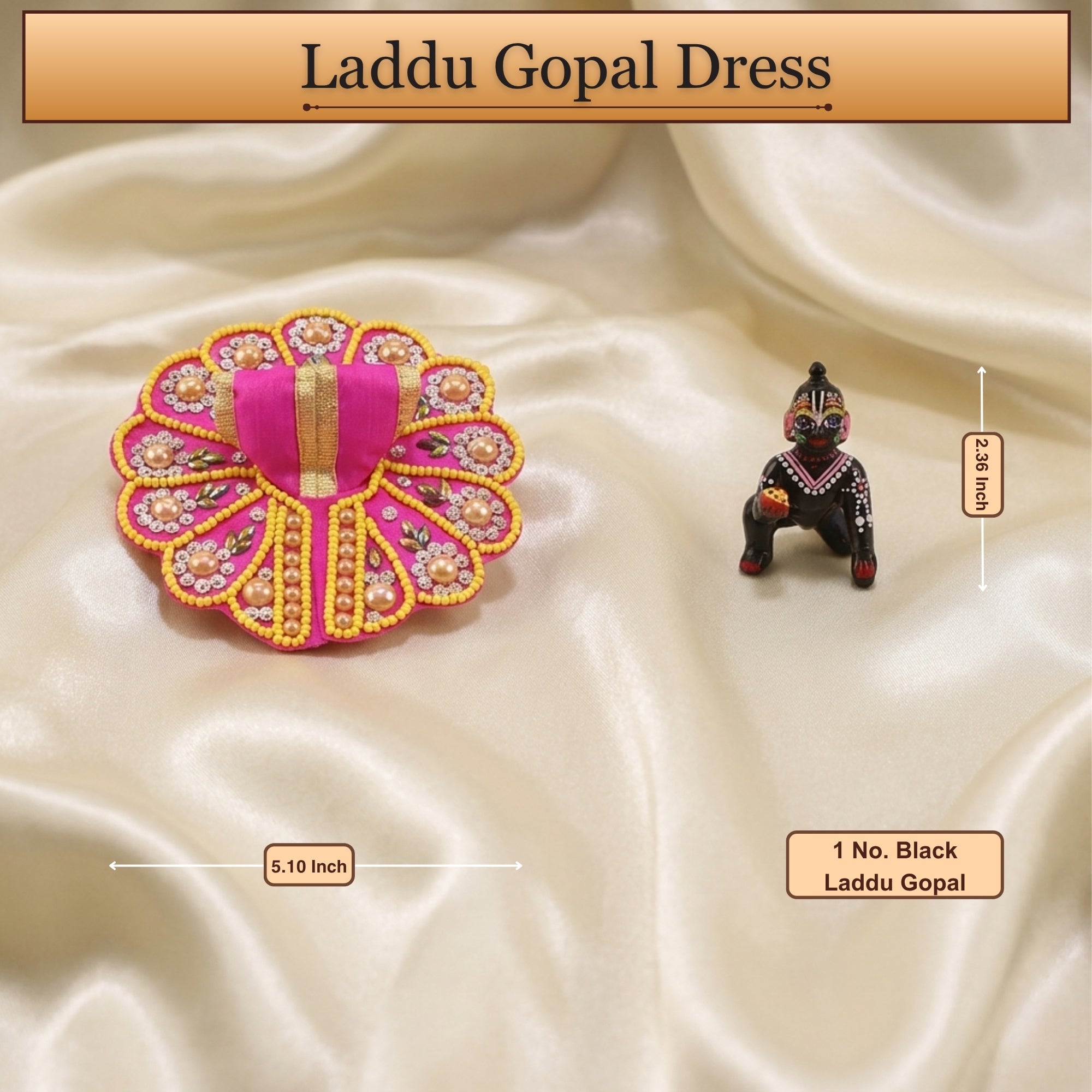 4 No. size reference display for the handcrafted pink kanha ji dress poshak