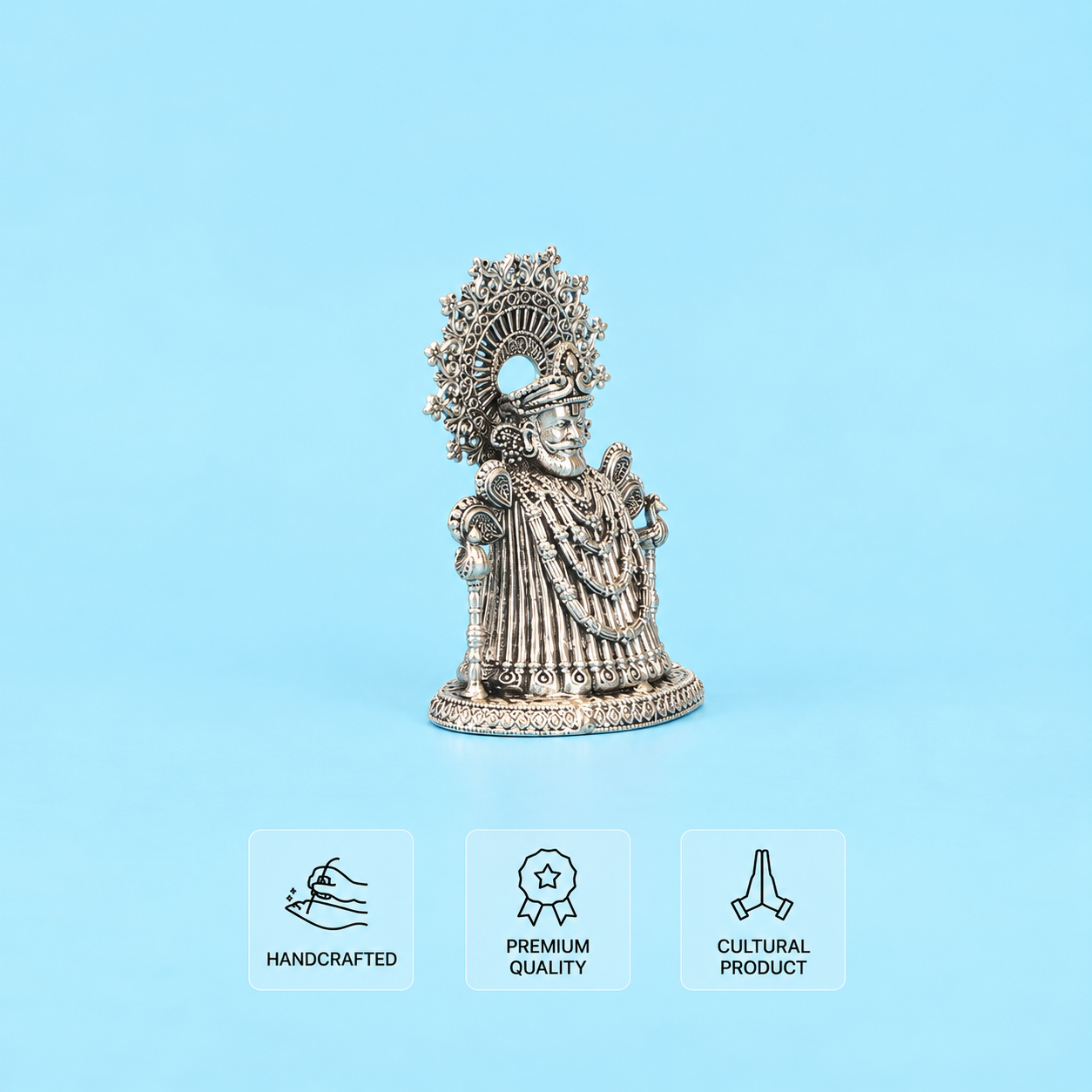 Khatu Shyam Ji Baba silver idol with intricate ornamental detailing, 7 cm height and 5 cm width.