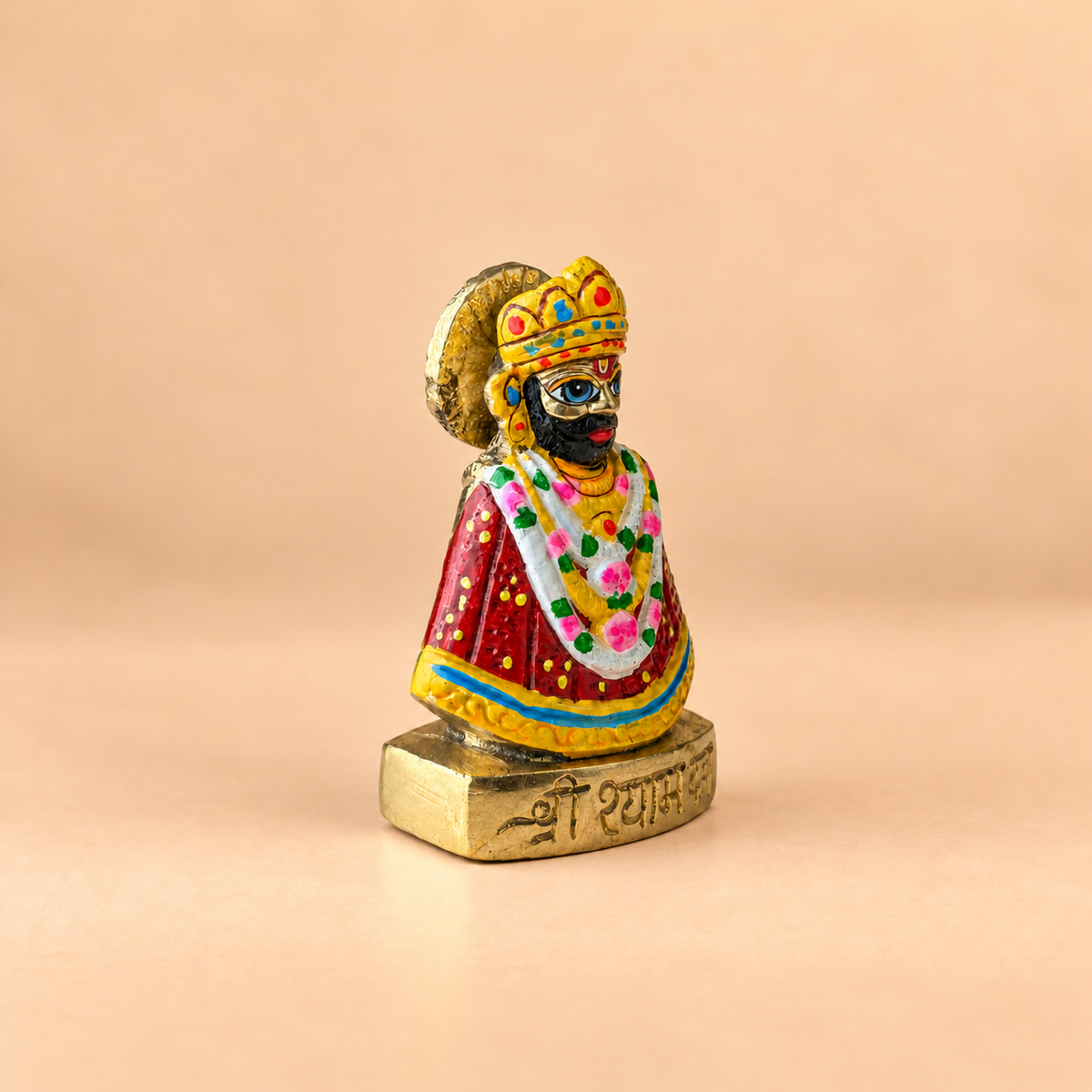 Brass Khatu Shyam Idol with Colourful Crown and Floral Detailing