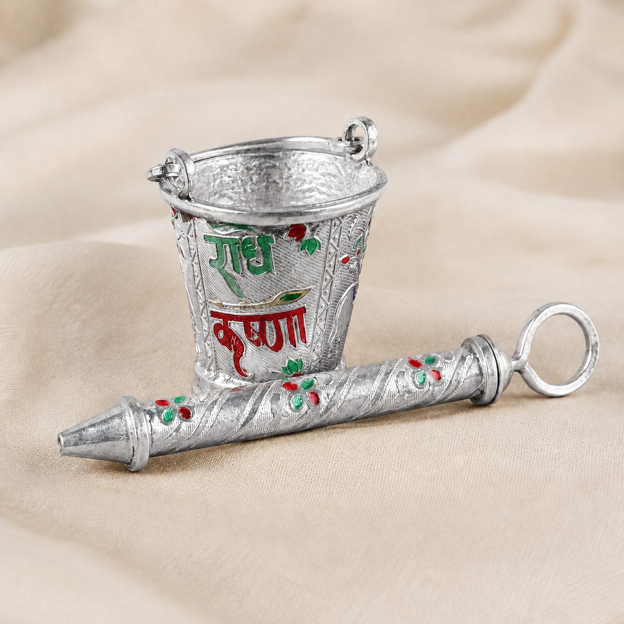 Close-up view of Silver Balti Pichkari Radha Krishna Name showing product details