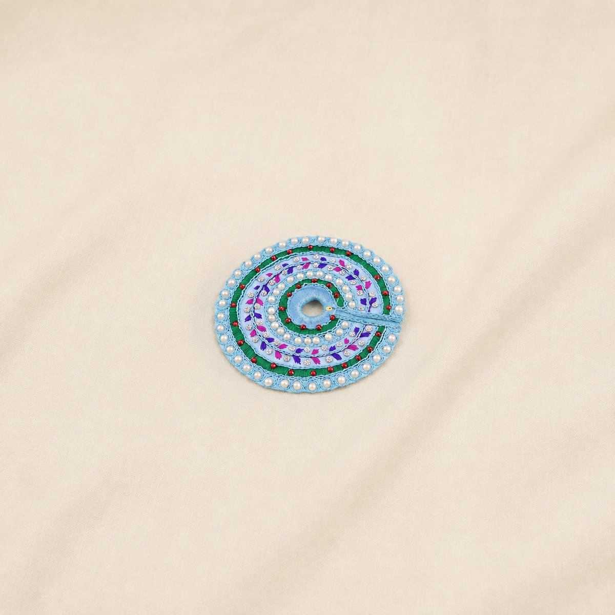 Laddu Gopal blue dress with Patka and handcrafted thread work displayed flat