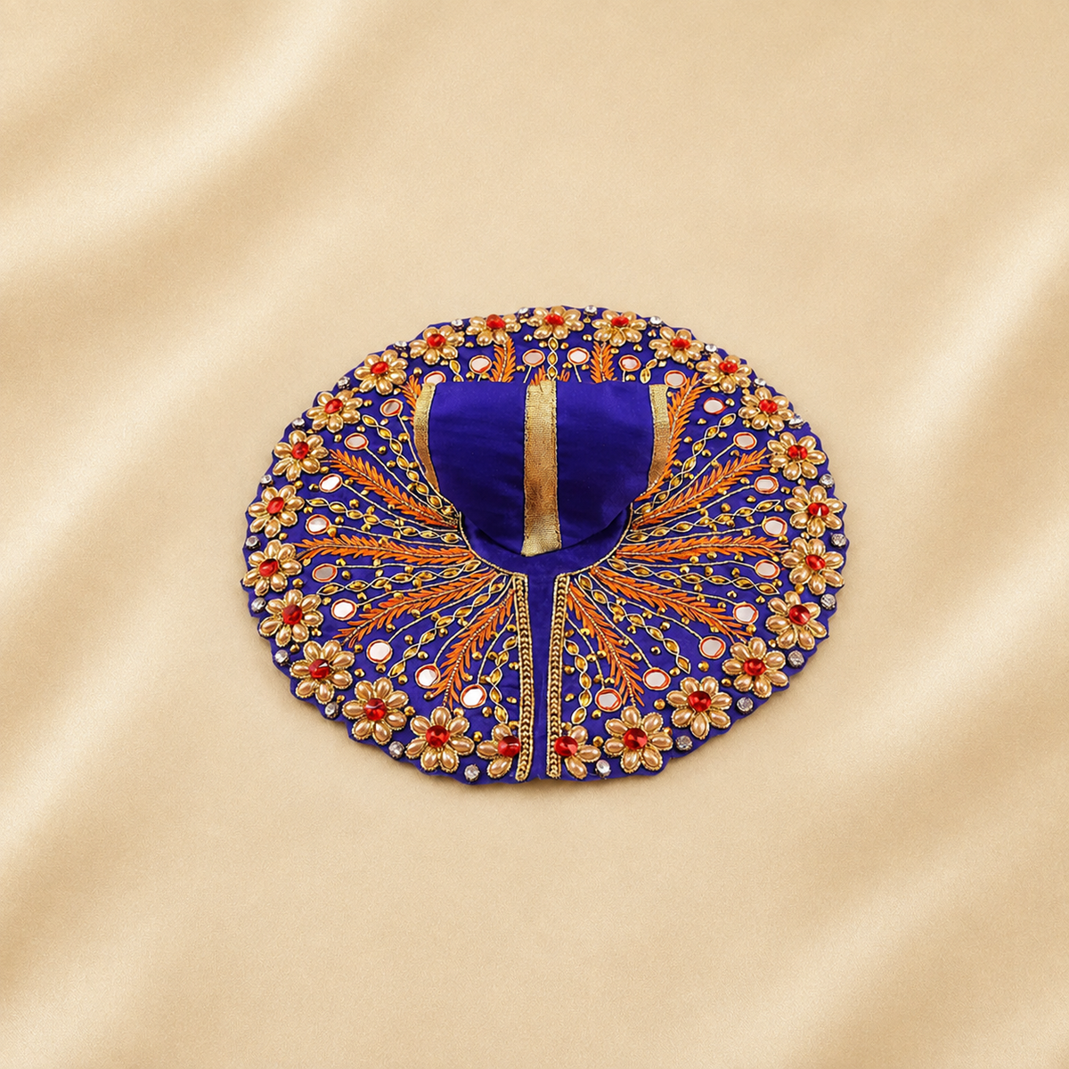 Laddu Gopal blue dress with handcrafted mirror work heavy poshak displayed flat