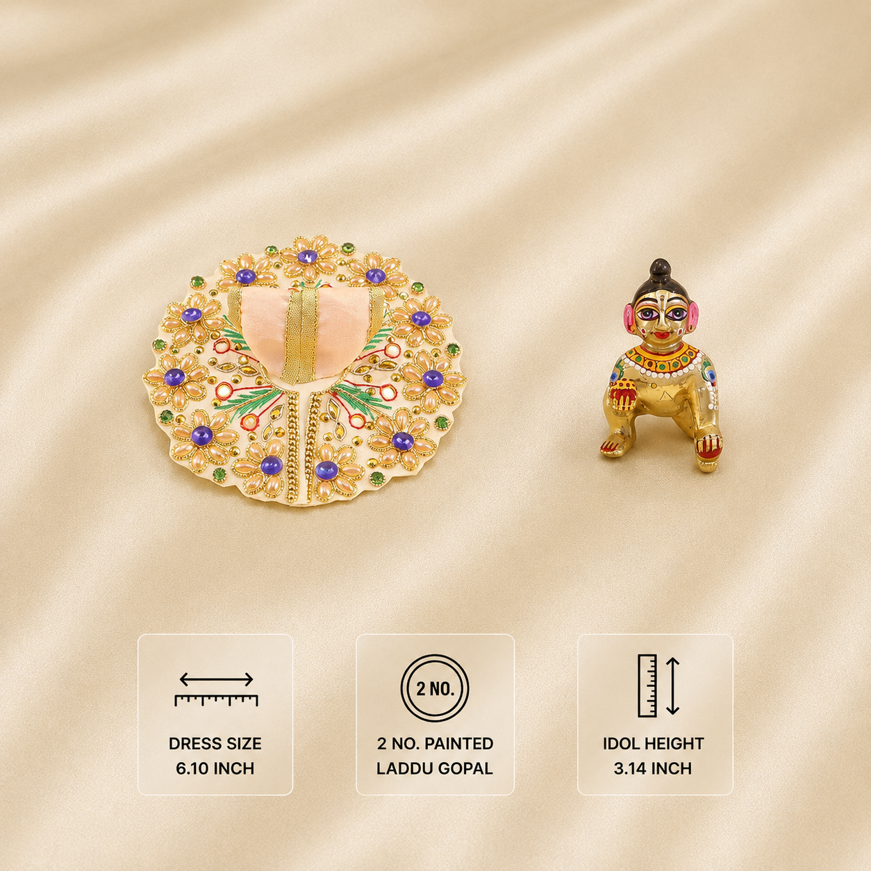 2 No. size reference display for the handmade cream kanha ji dress poshak