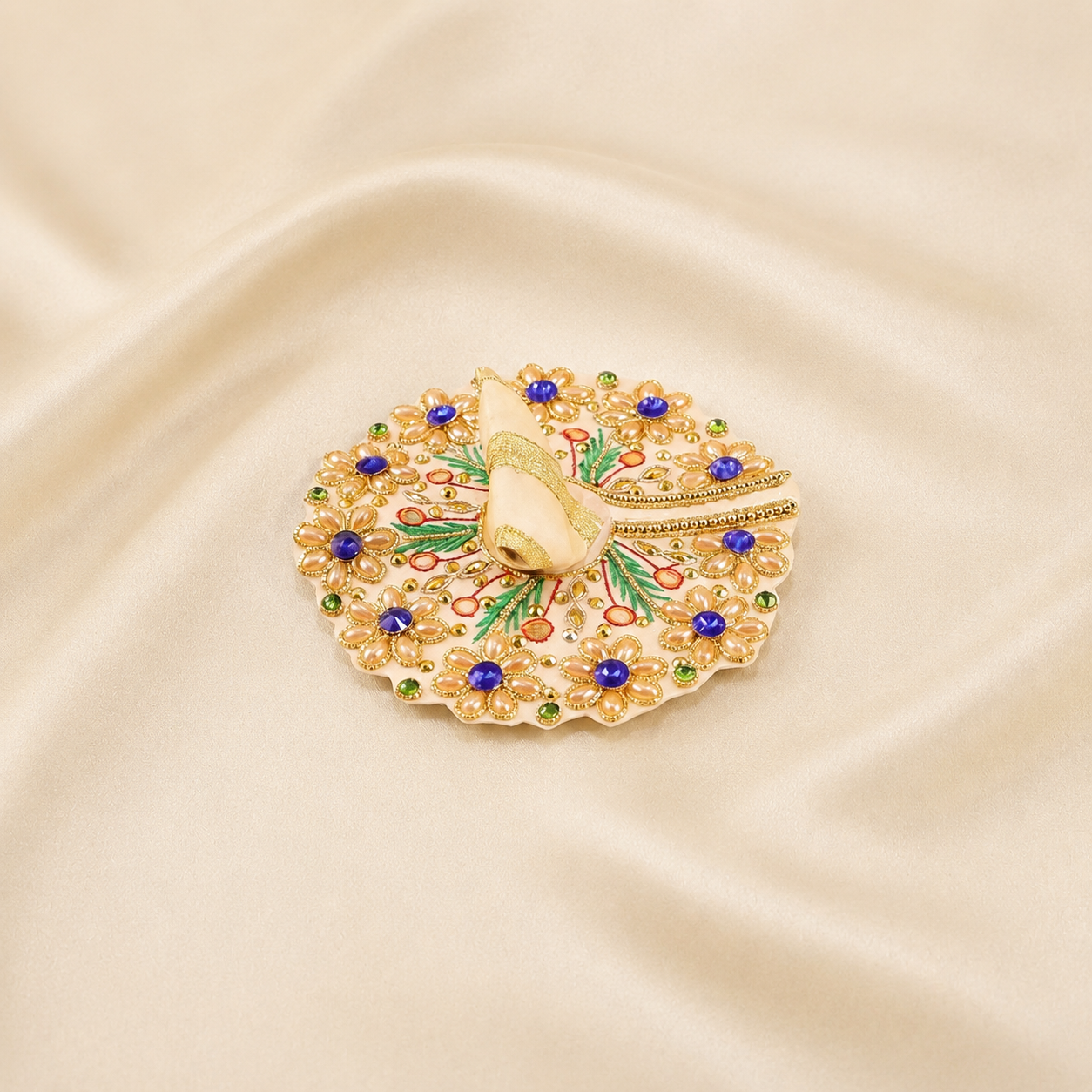 Handmade Laddu Gopal cream dress with mirror work heavy poshak displayed flat
