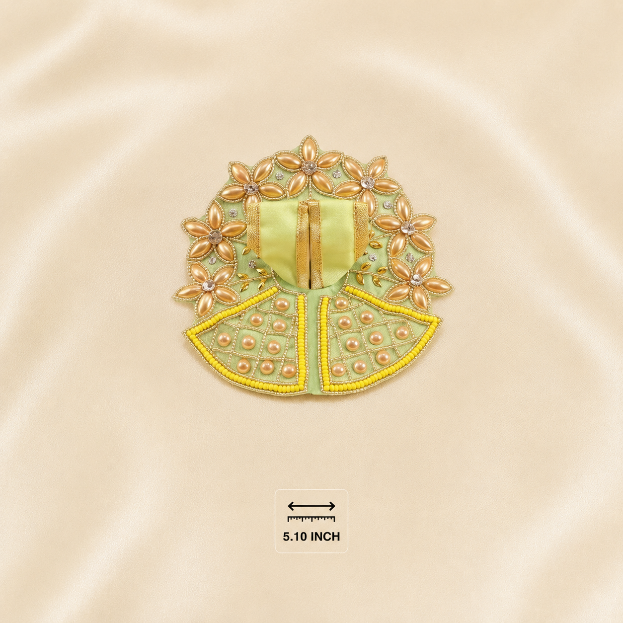 Front view of handcrafted golden floral design green dress for Thakur Ji dimension.
