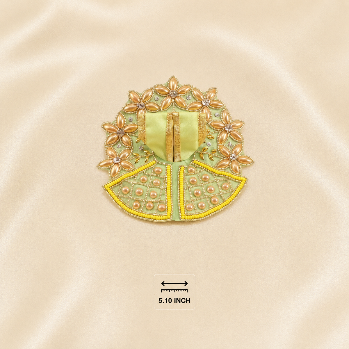 Front view of handcrafted golden floral design green dress for Thakur Ji dimension.
