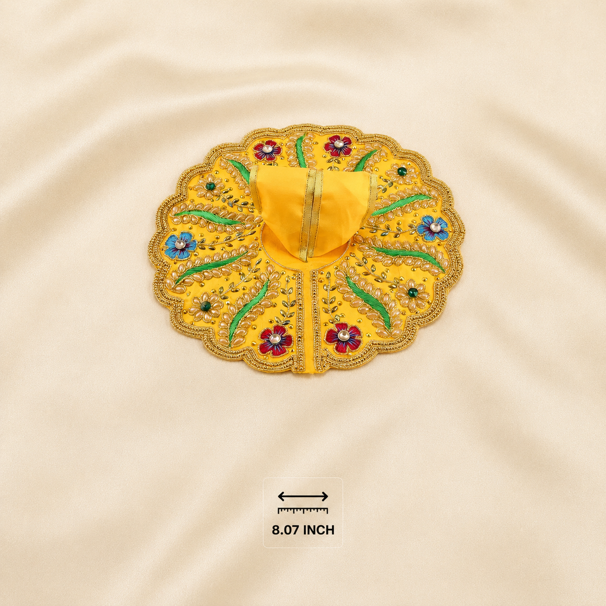 Front angle view of handmade floral and leaf design yellow dress for Thakur Ji