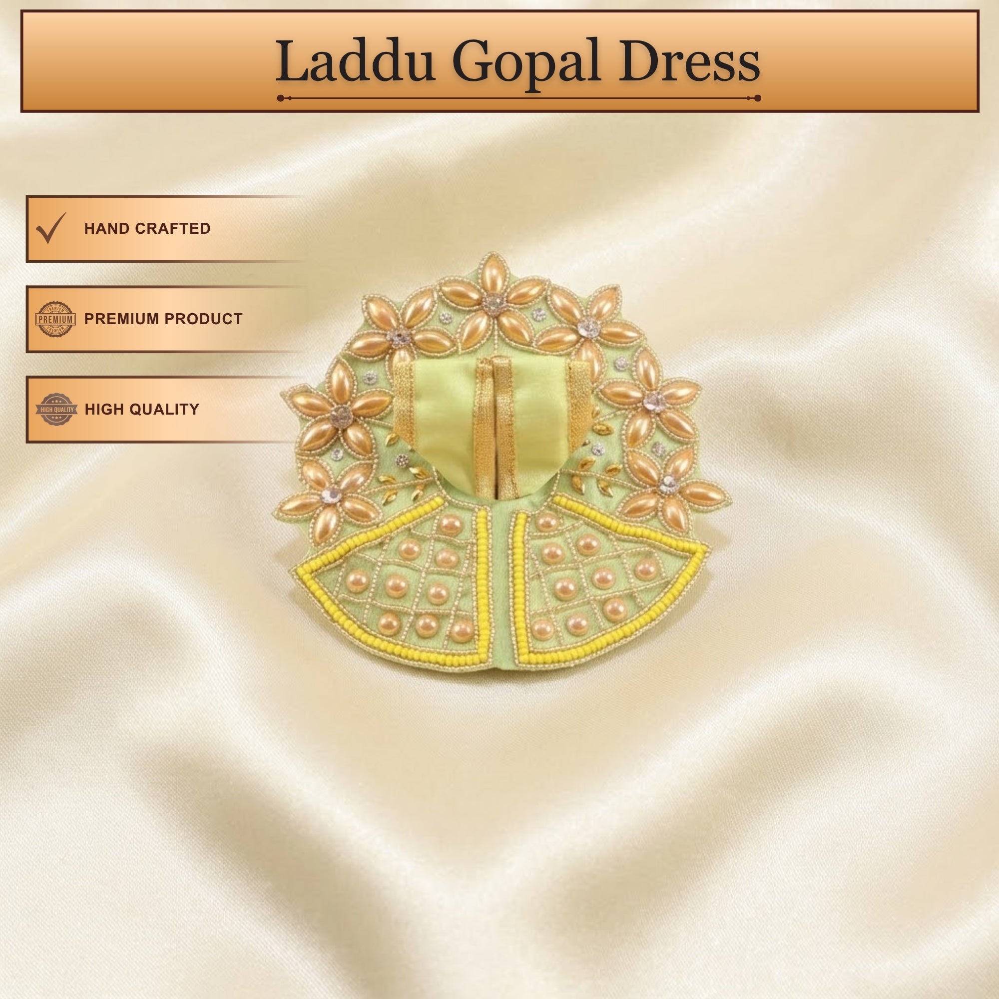 Laddu Gopal Green Dress - Handcrafted, Golden Floral Design