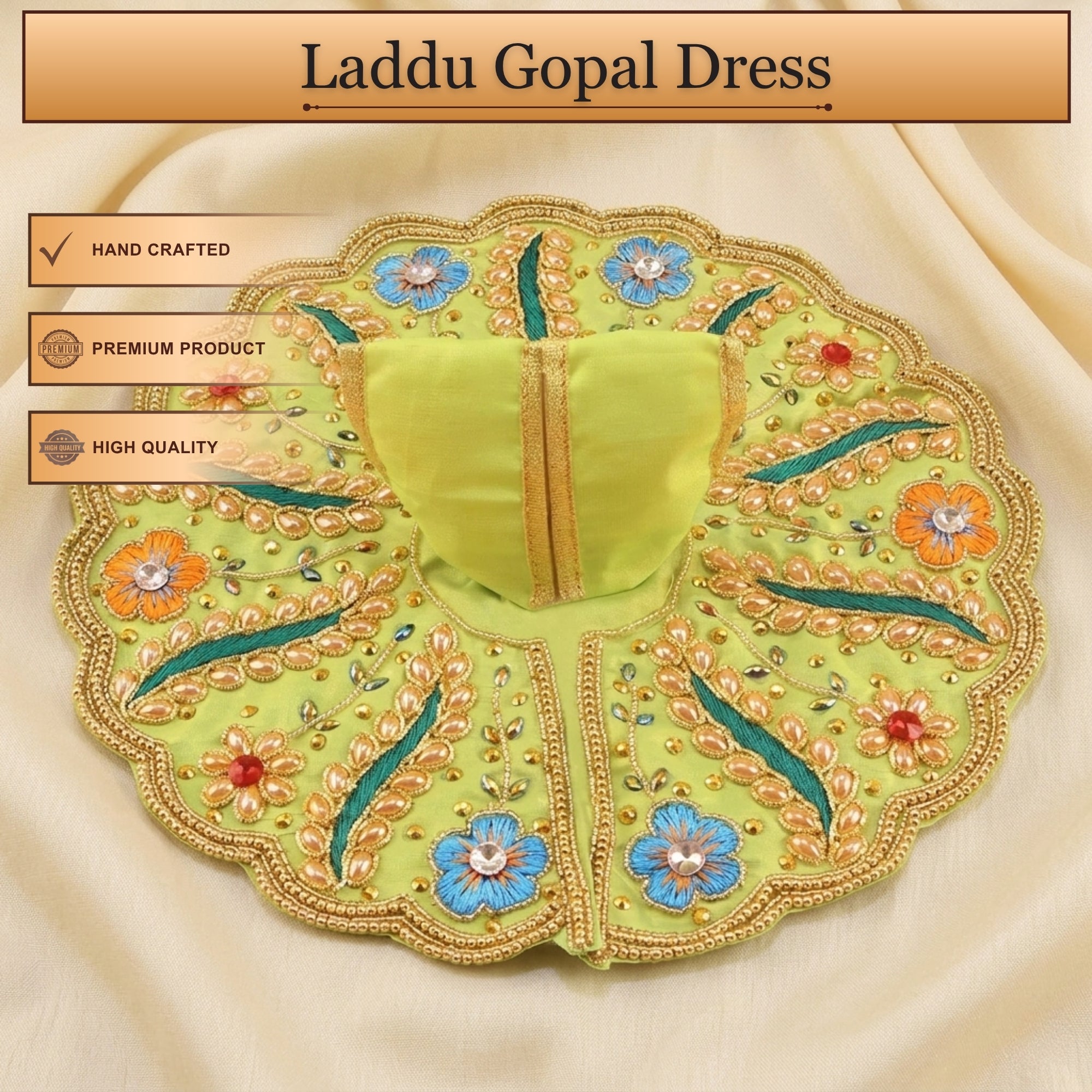 Laddu Gopal Green Dress - Handcrafted, Floral & Peacock Design