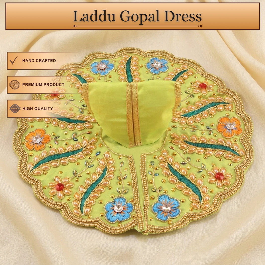 Laddu Gopal Green Dress - Handcrafted, Floral & Peacock Design