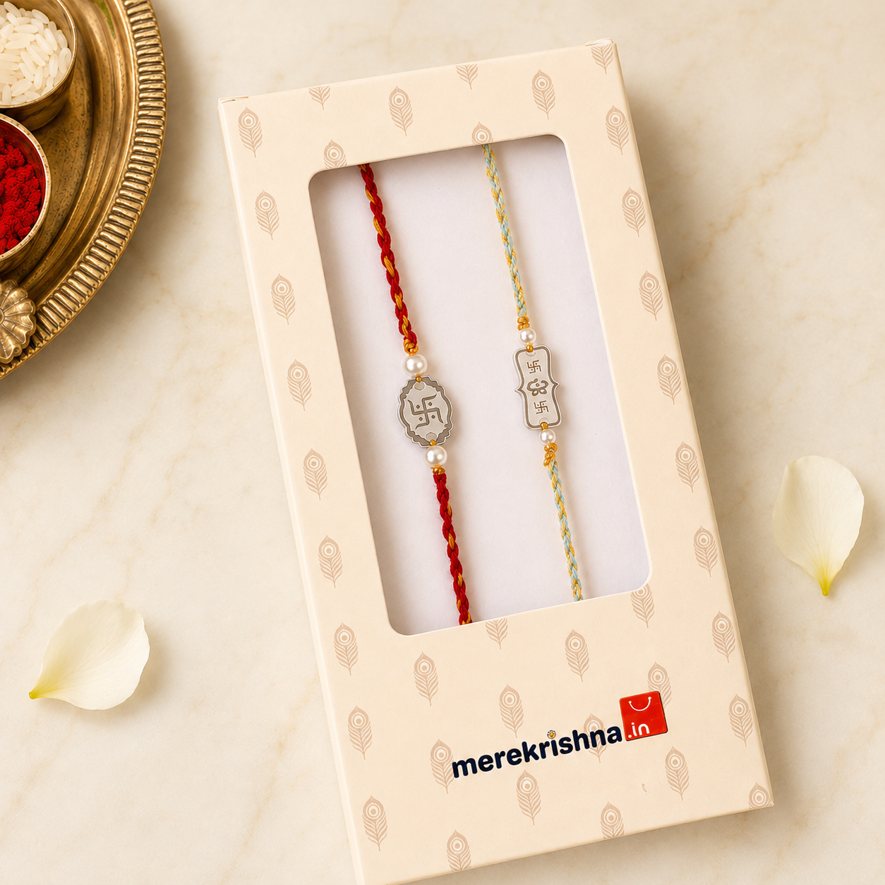 925 silver Rakhi combo set of 2 with Om and Swastika motifs in signature peacock gift box