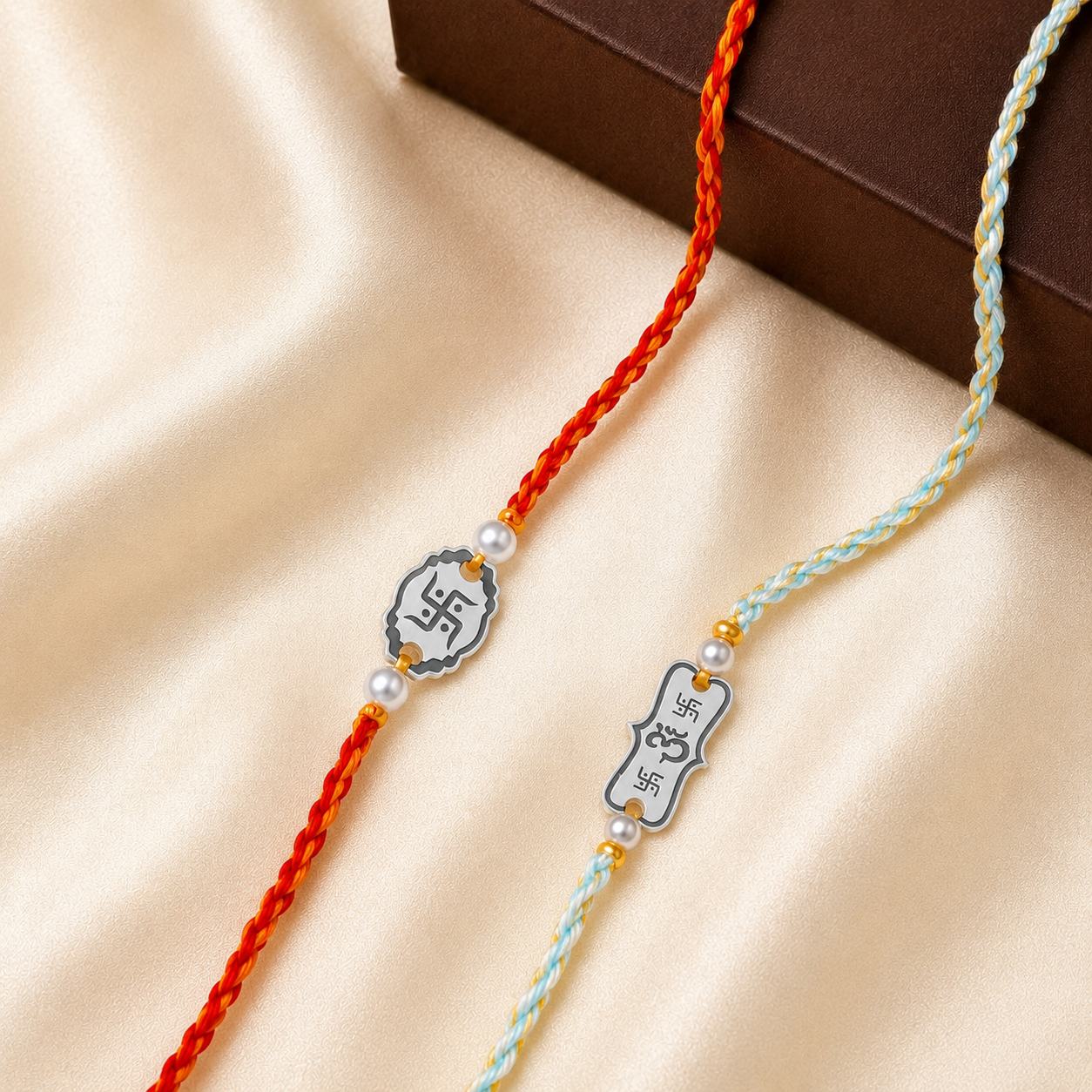 Pair of 925 silver rakhis with Om and Swastik symbols tied on brother wrist