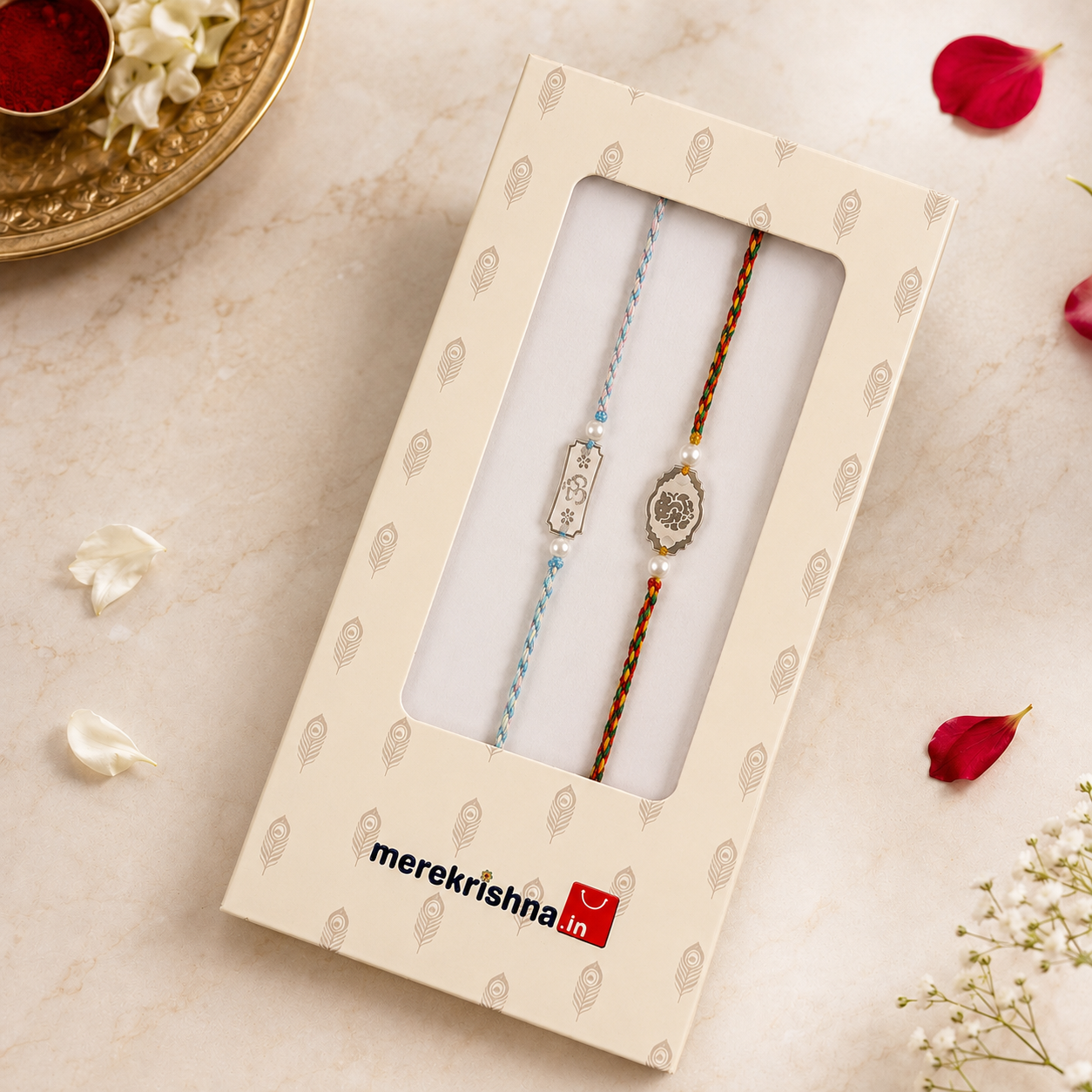 Silver Rakhi combo set of 2 for brother with Om and Lord Ganesha motifs in signature gift box