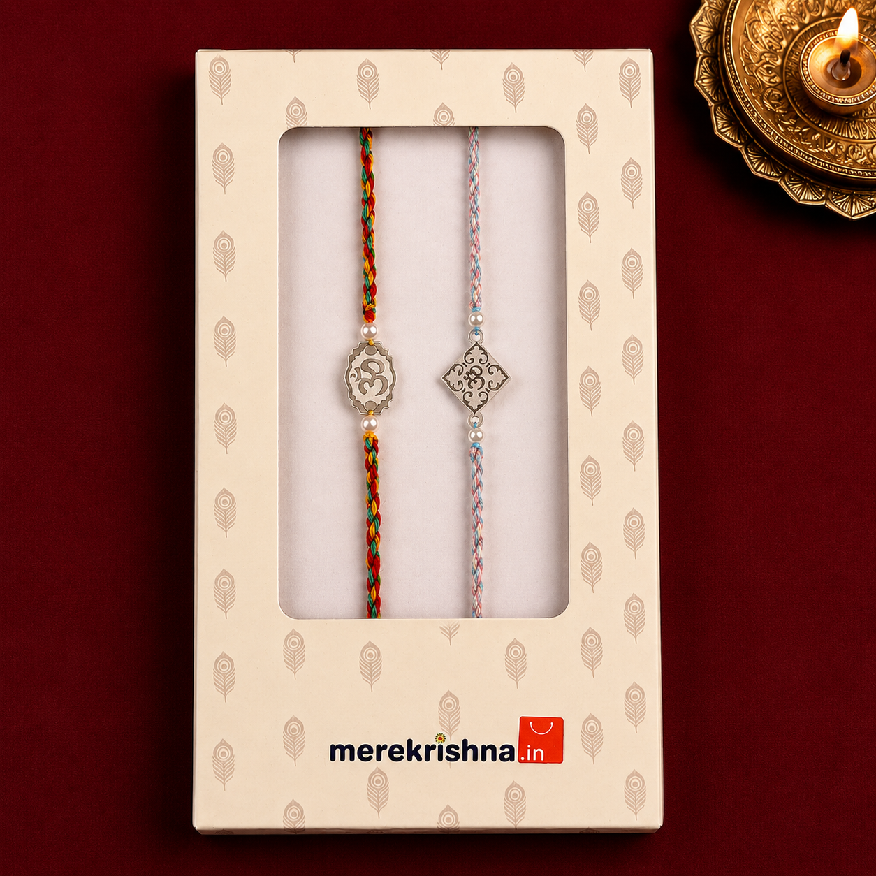 Chandi Rakhi for Raksha Bandhan Combo with silver motifs and pearl beads front product view