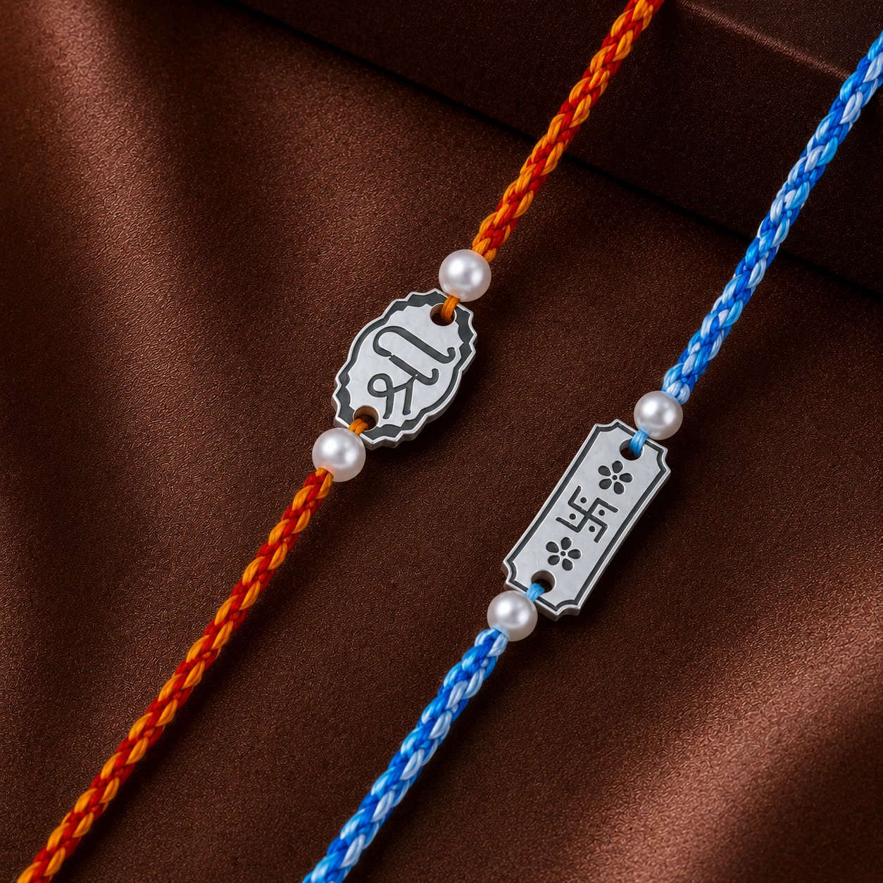 Pair of pure silver rakhis for brothers with pearl beads and red gold blue white braided threads