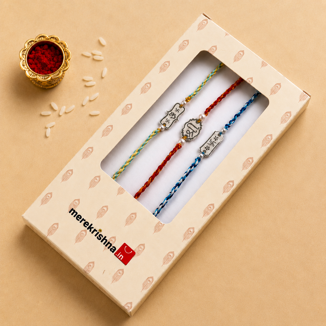 Pure silver Rakhi combo set of 3 with Om Shree Swastik motifs in signature gift box