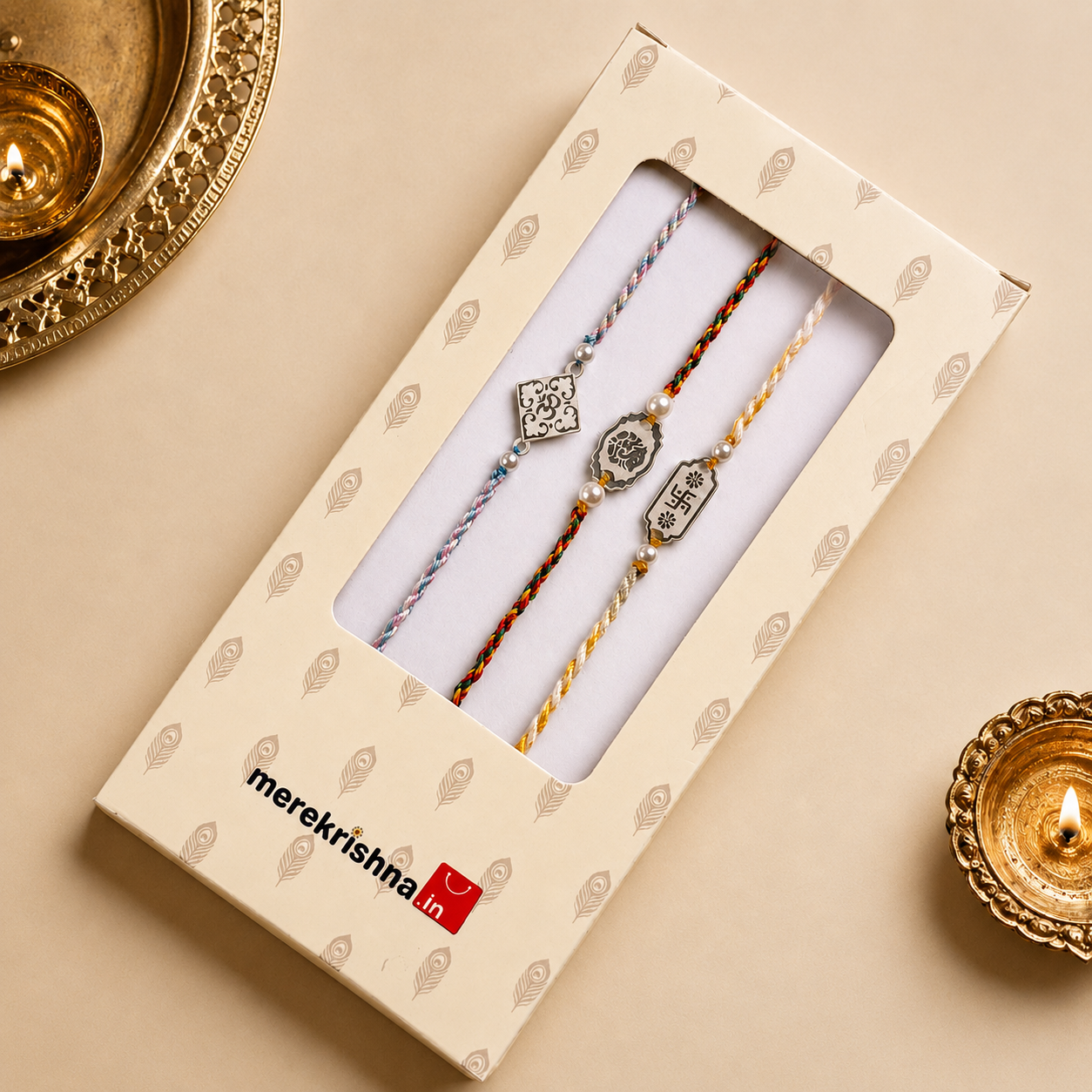 925 silver Rakhi combo set of 3 with Om Ganesha Swastik motifs in signature peacock gift box