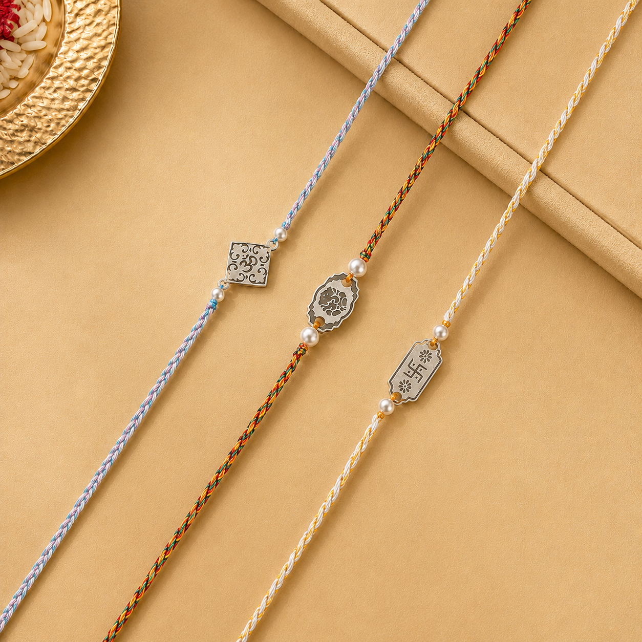 925 silver Rakhi set of 3 for brothers with pearl beads and traditional threads