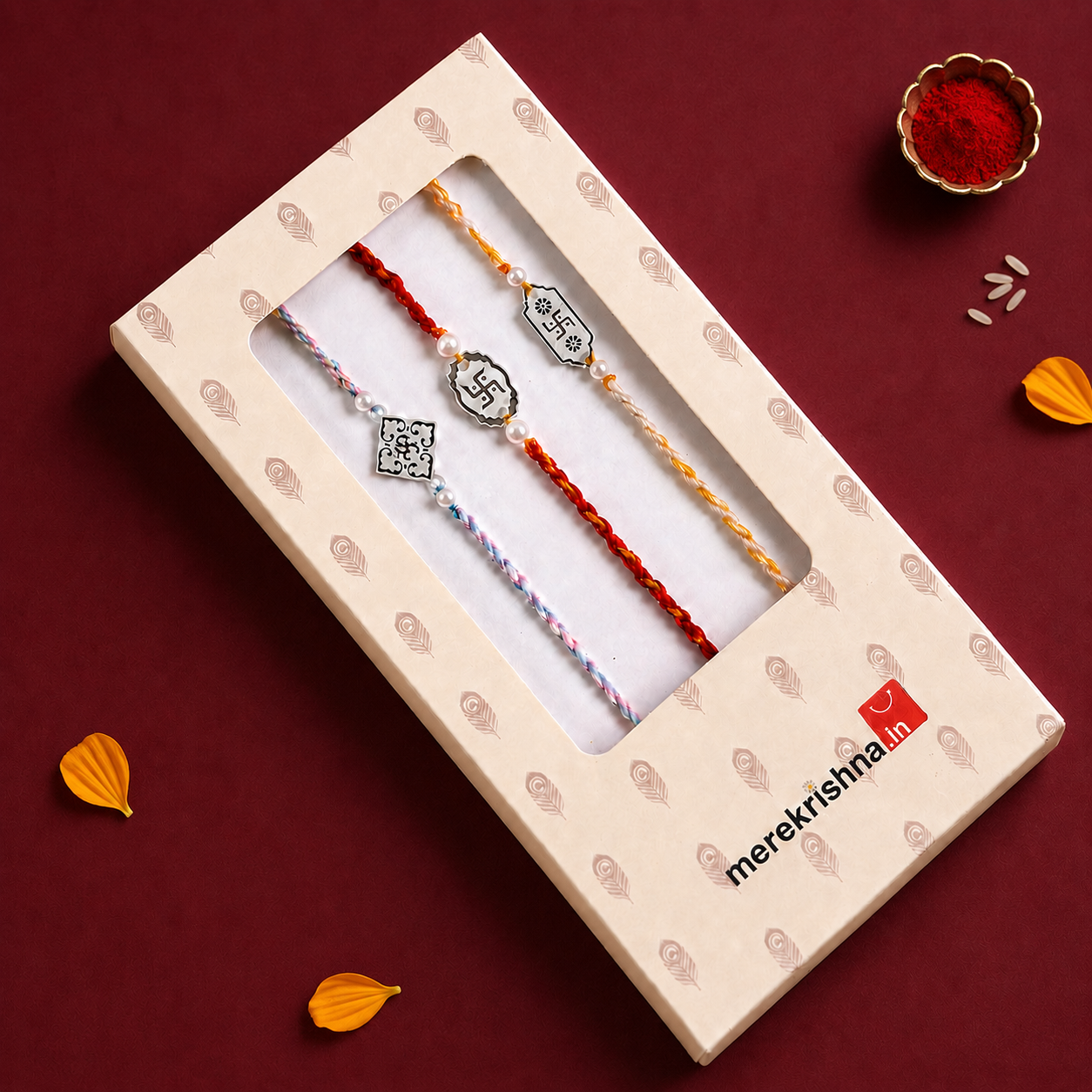 Handcrafted silver Rakhi combo set of 3 with Om and Swastik motifs front product view