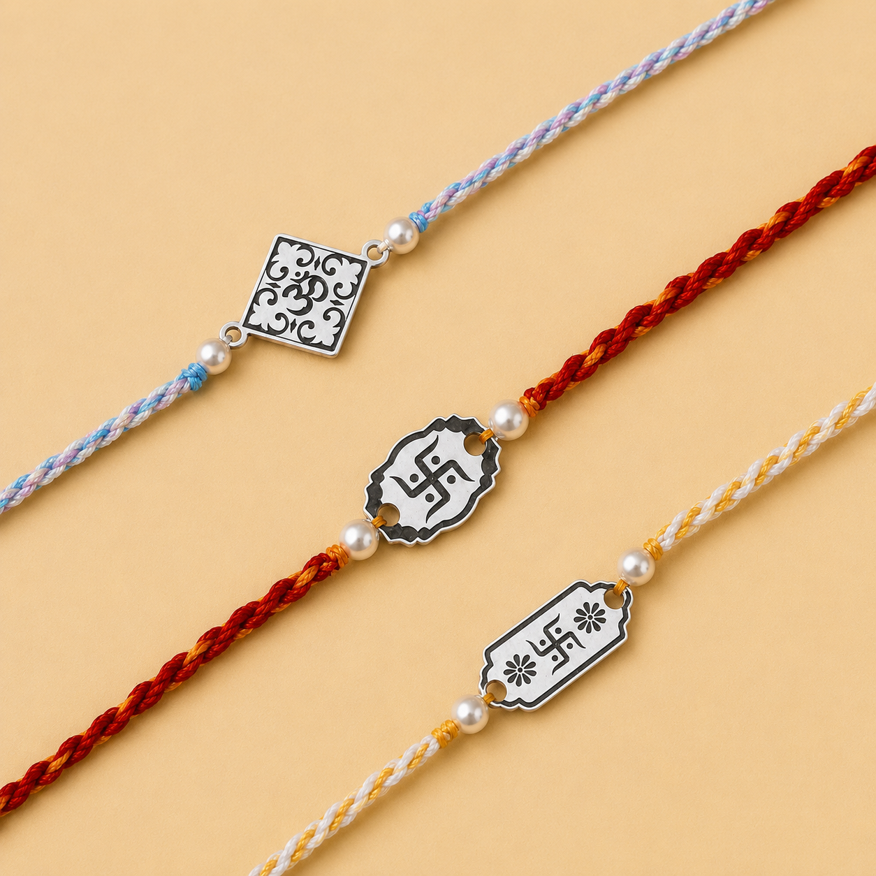 Handcrafted silver Rakhi set of 3 with pearl beads and colourful threads alternate product view