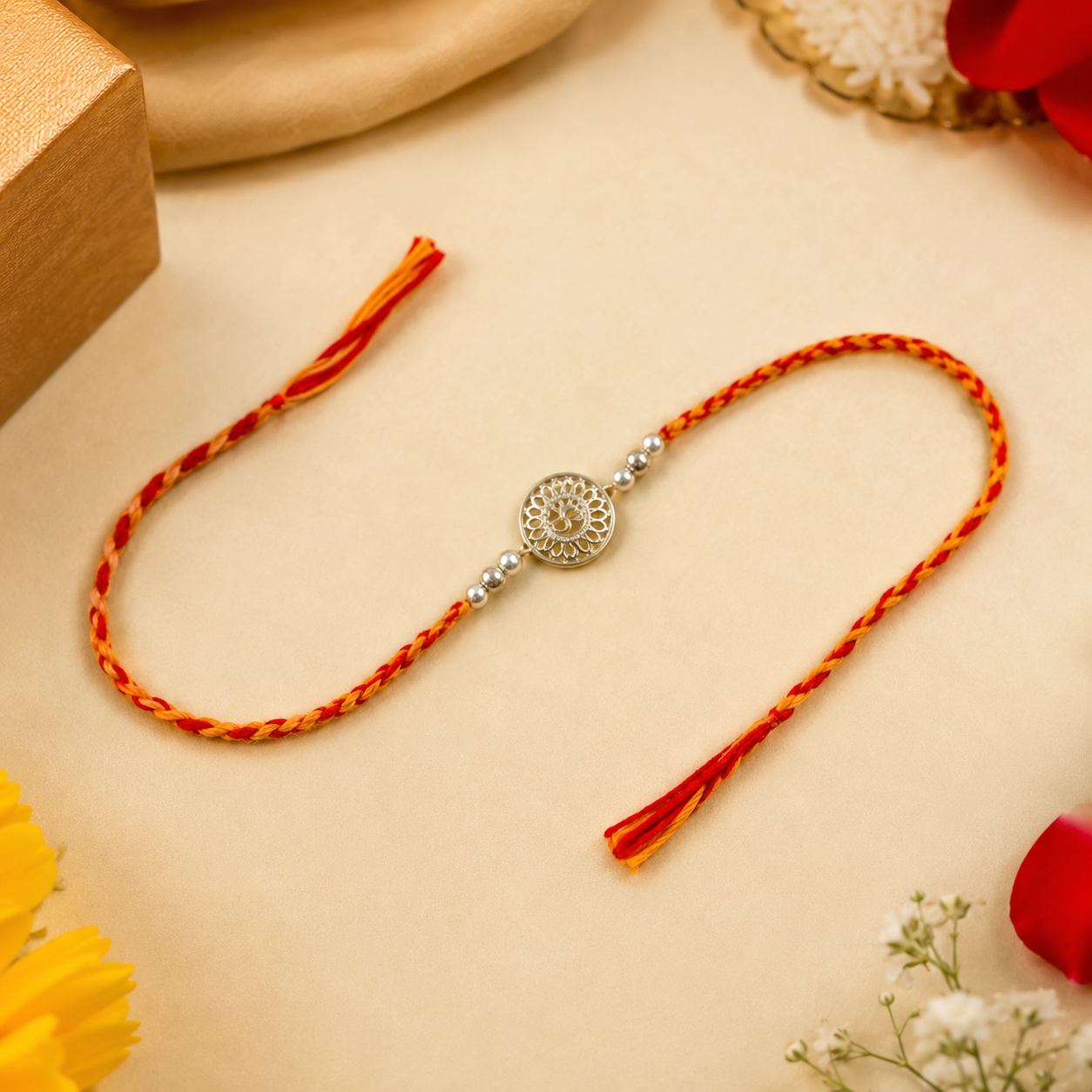 Close-up view of 925 Sterling Silver Om Rakhi circular pendant with sunburst lattice pattern