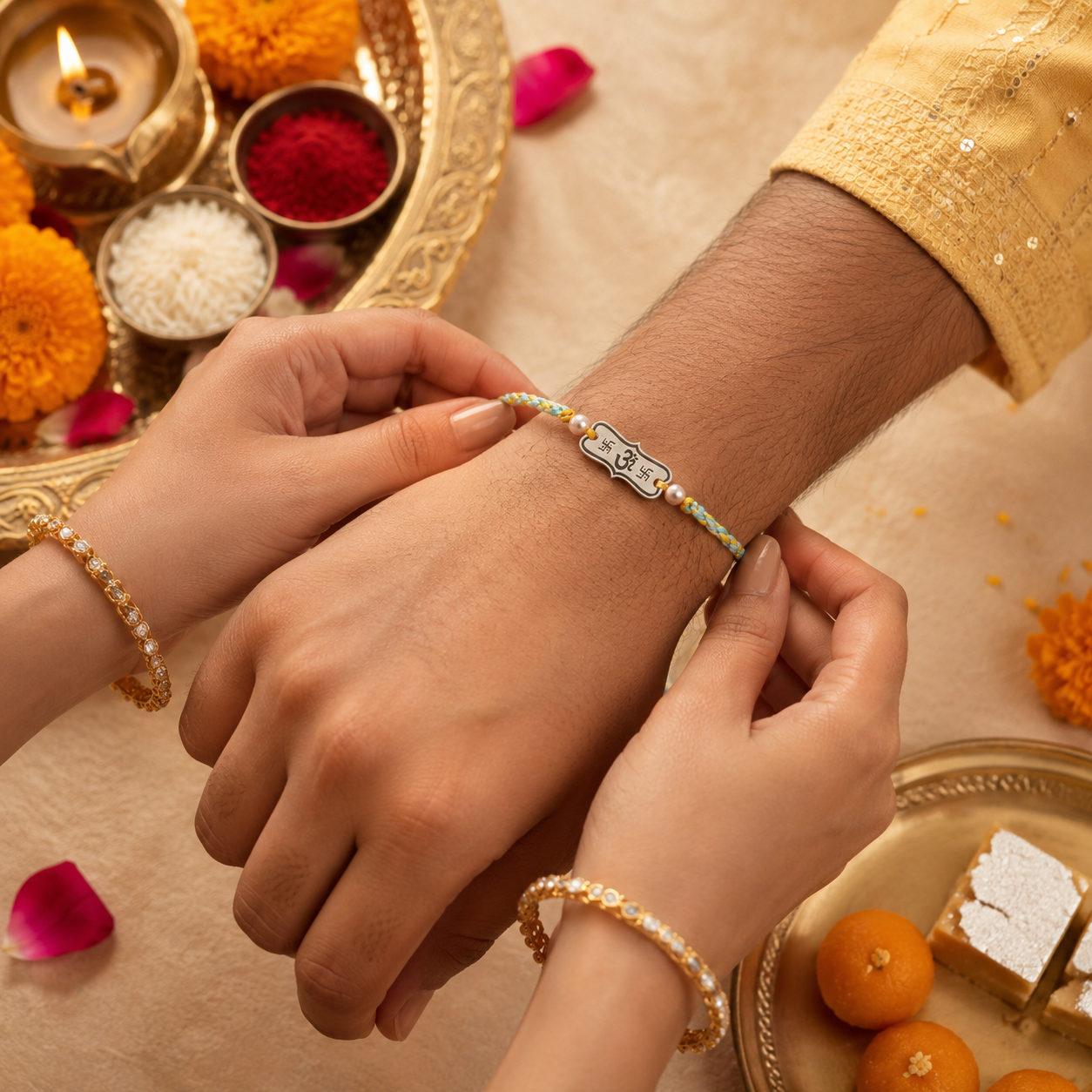 Sister tying Handcrafted Silver Om Name Rakhi on brother wrist during Raksha Bandhan ceremony